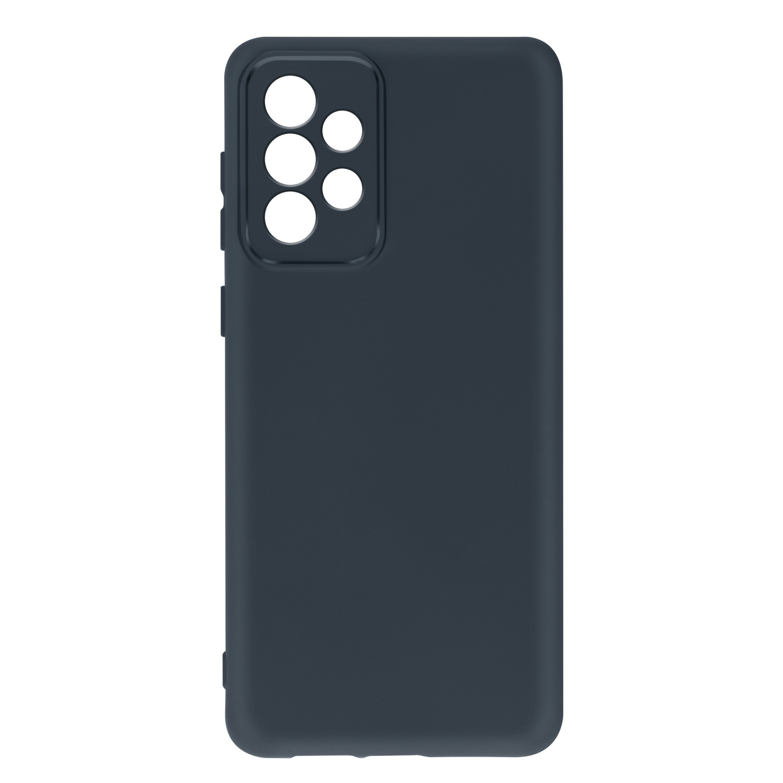 Custodia per telefono blu scuro con ritagli per fotocamera. Design semplice. Sfondo bianco.