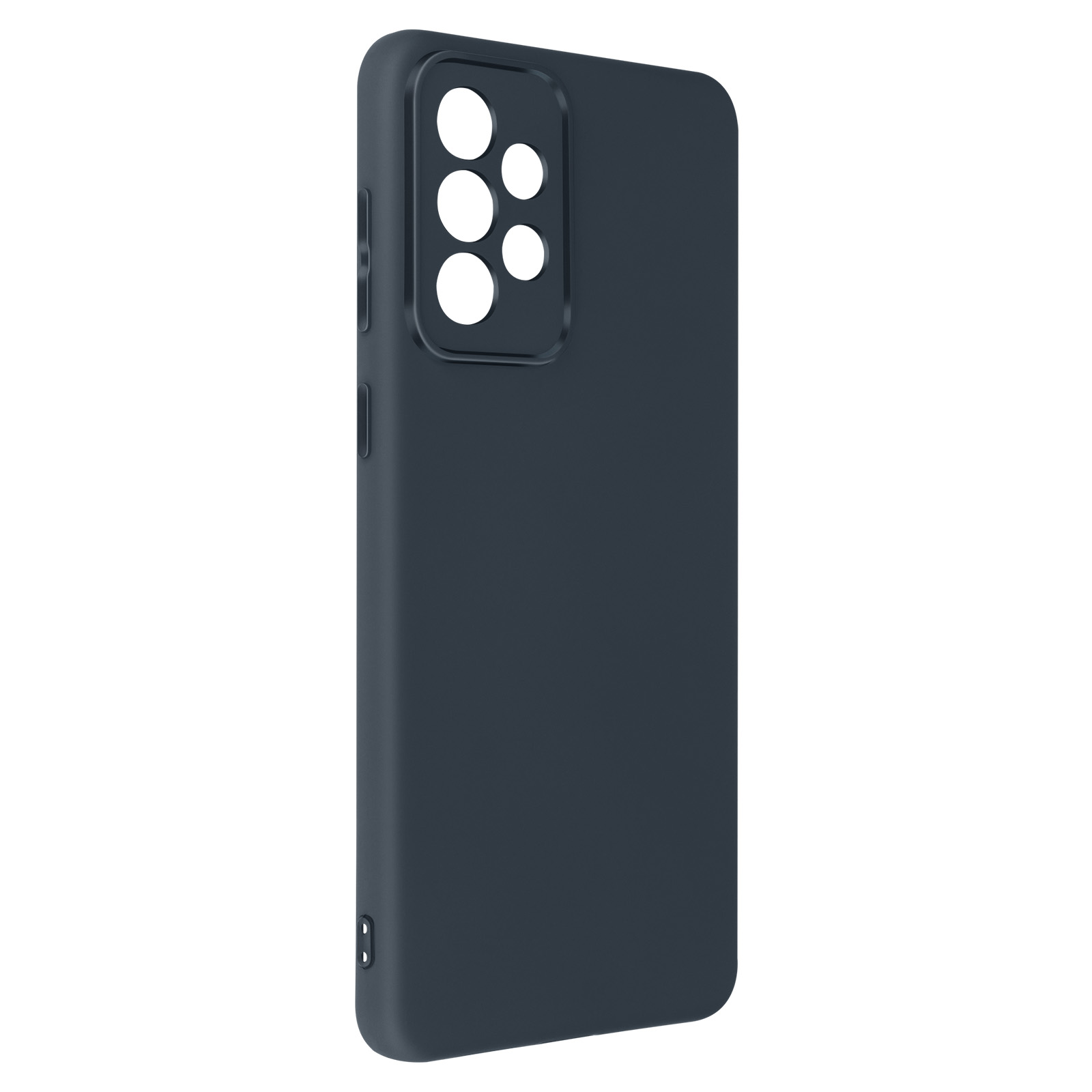 Una custodia per telefono blu scuro su sfondo bianco. La custodia ha 5 fori per la fotocamera.