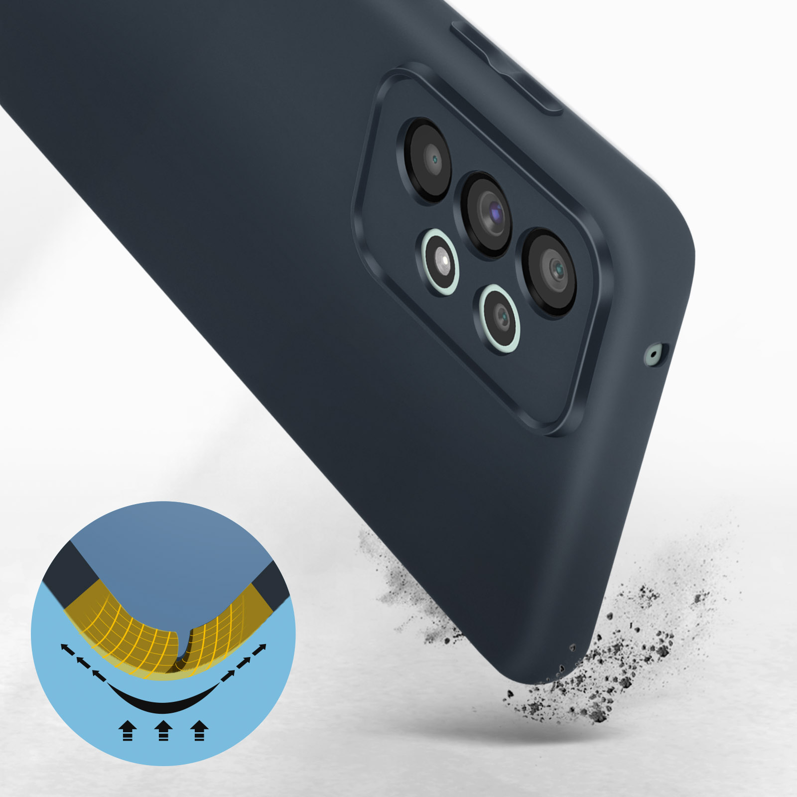 Custodia per telefono blu scuro. Sono presenti particelle di polvere e un diagramma a strati. La fotocamera è visibile.