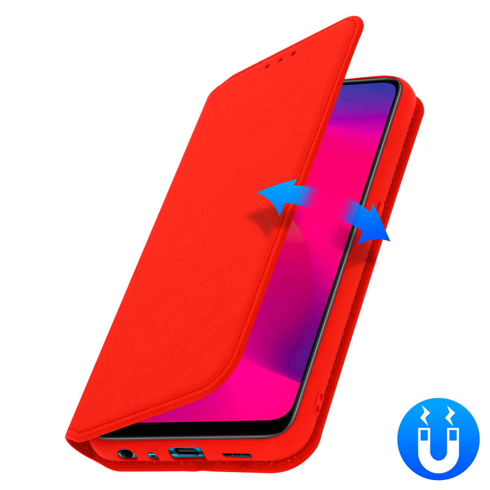 Custodia per telefono rossa. La custodia si apre, rivelando lo schermo del telefono. Un'icona a calamita è visibile.