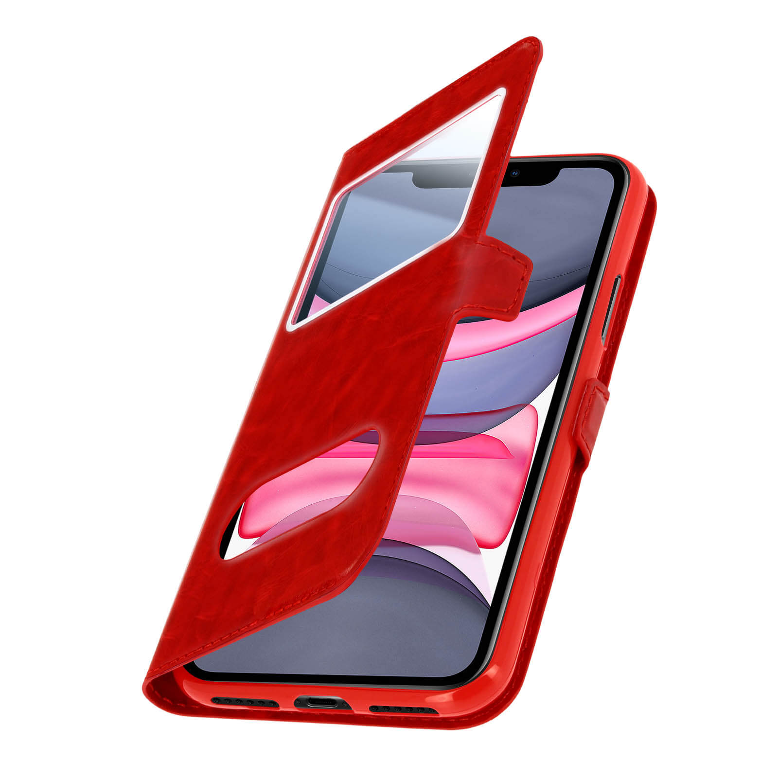 Rode telefoonhoes met een open flap die een telefoonscherm onthult. Witte achtergrond.