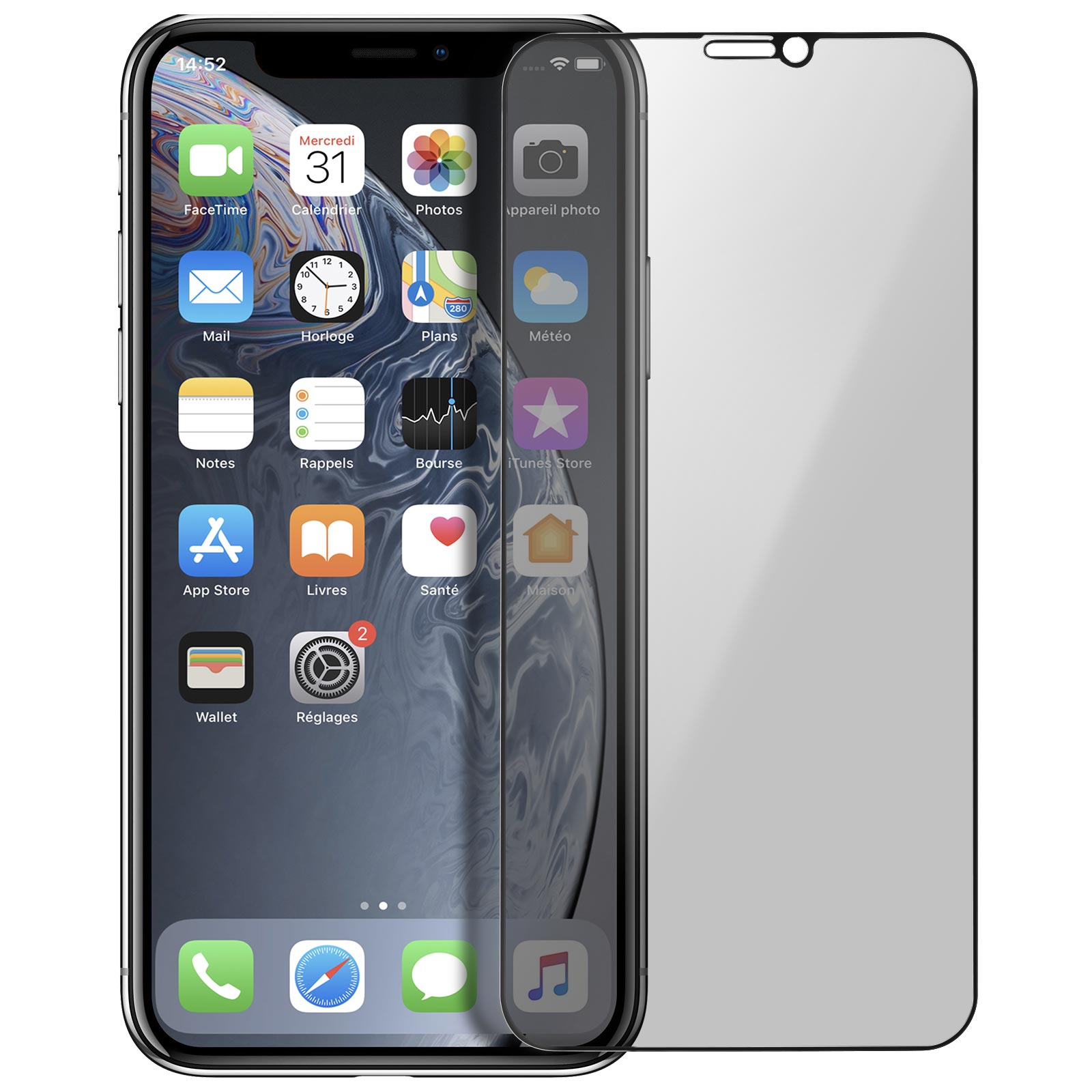 iPhone con protezione schermo. Il display mostra il calendario. Custodia nera. Sfondo grigio.