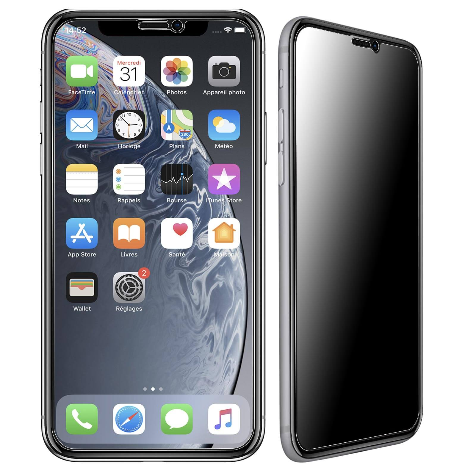 Un telefono che mostra la schermata iniziale con le app. C'è una protezione per lo schermo sul telefono.