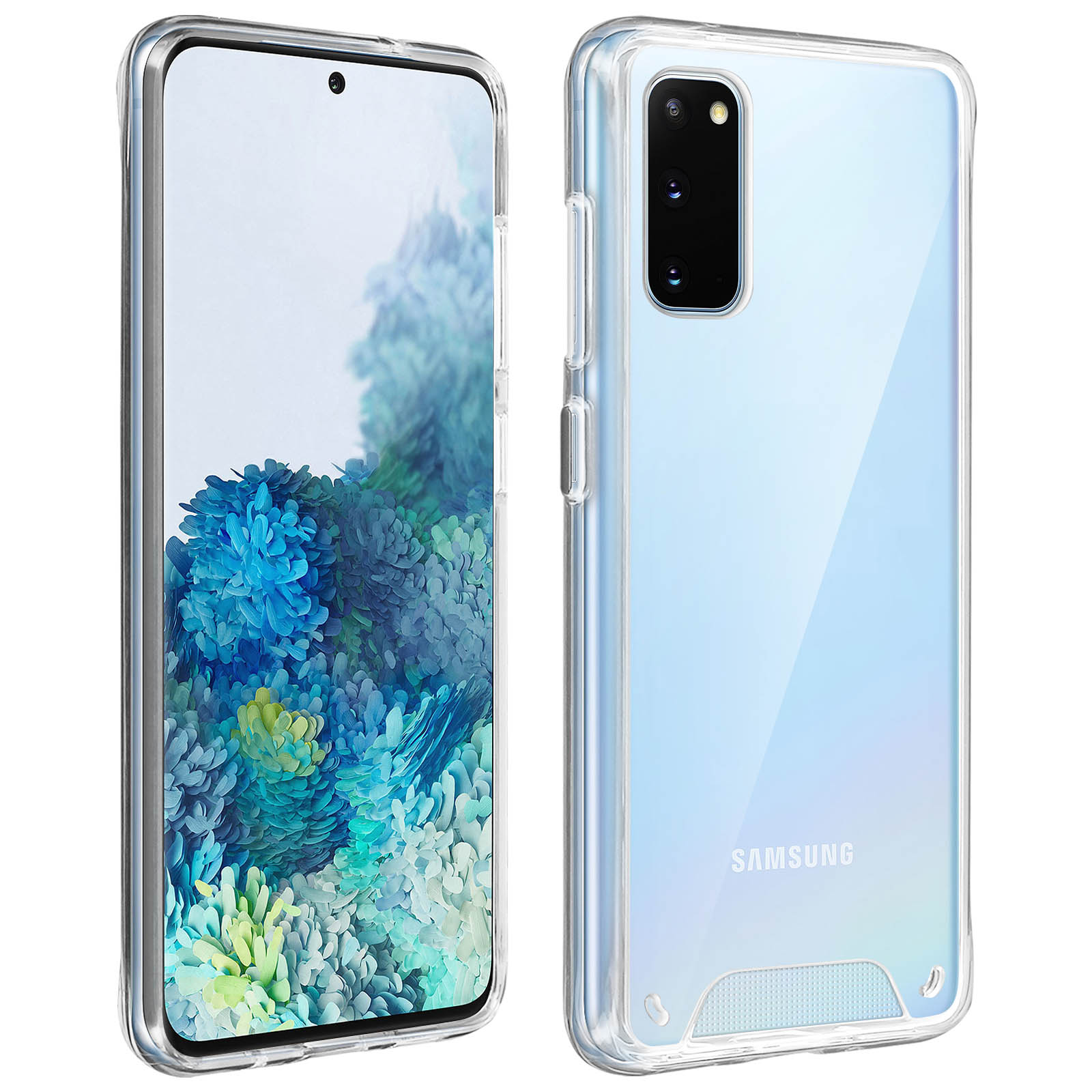 Custodia trasparente per telefono. Il telefono mostra un design astratto colorato.