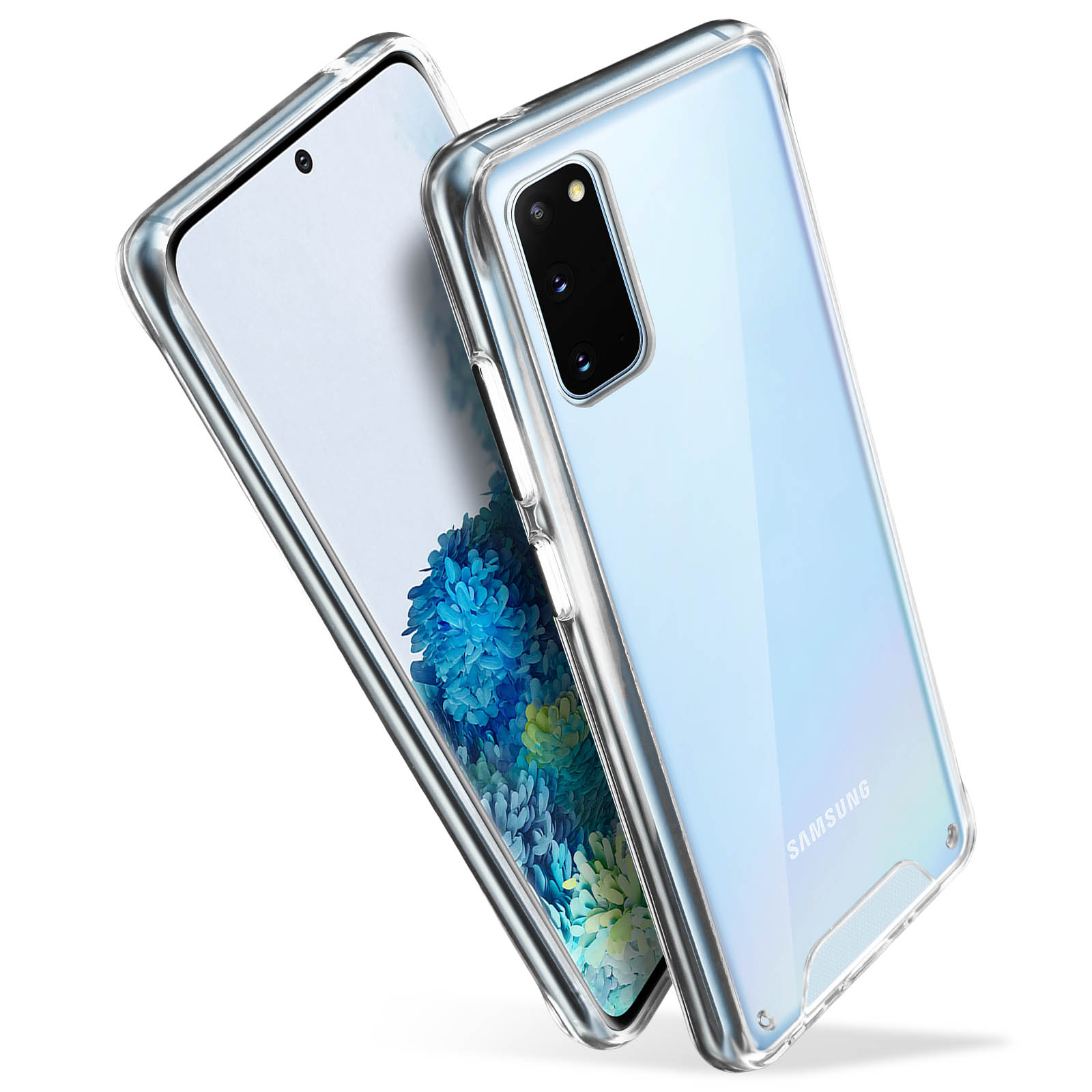Un telefono all'interno di una custodia trasparente. Il telefono è azzurro e ha una tripla fotocamera. È visibile una seconda custodia.