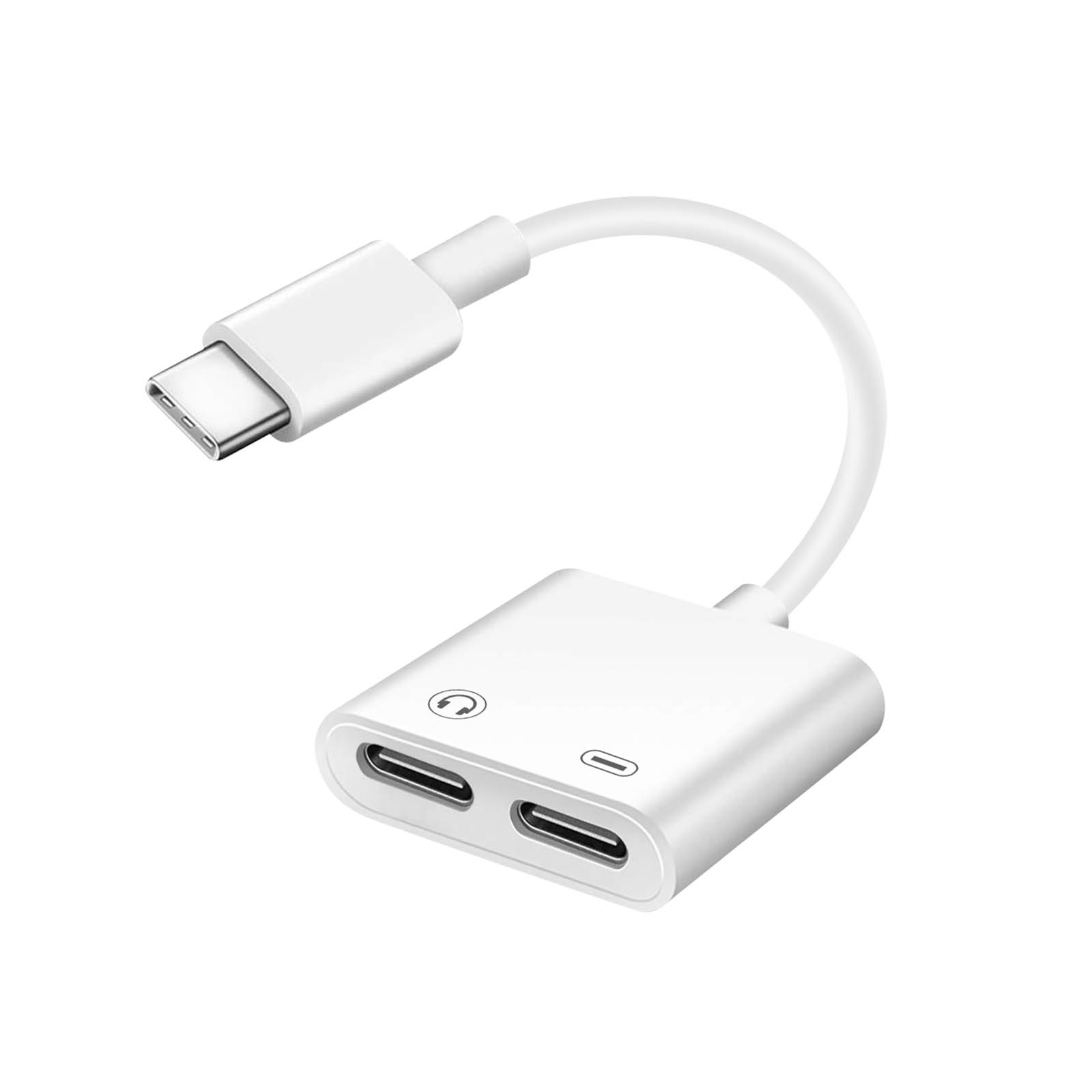 Adattatore audio bianco con USB-C e due porte da 3,5 mm.