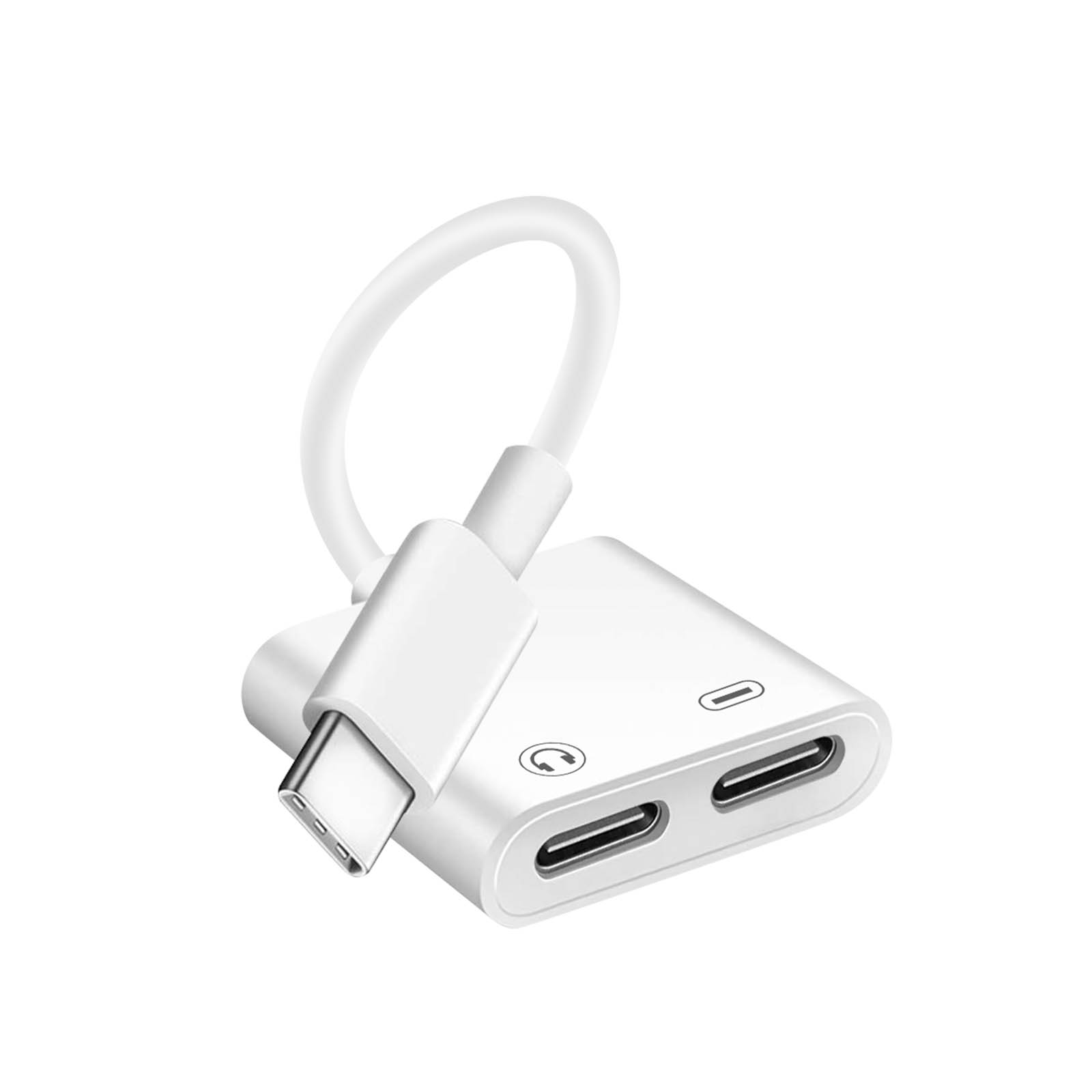 Adattatore bianco con connettore USB-C e porte audio. Ha un cavo curvo collegato.