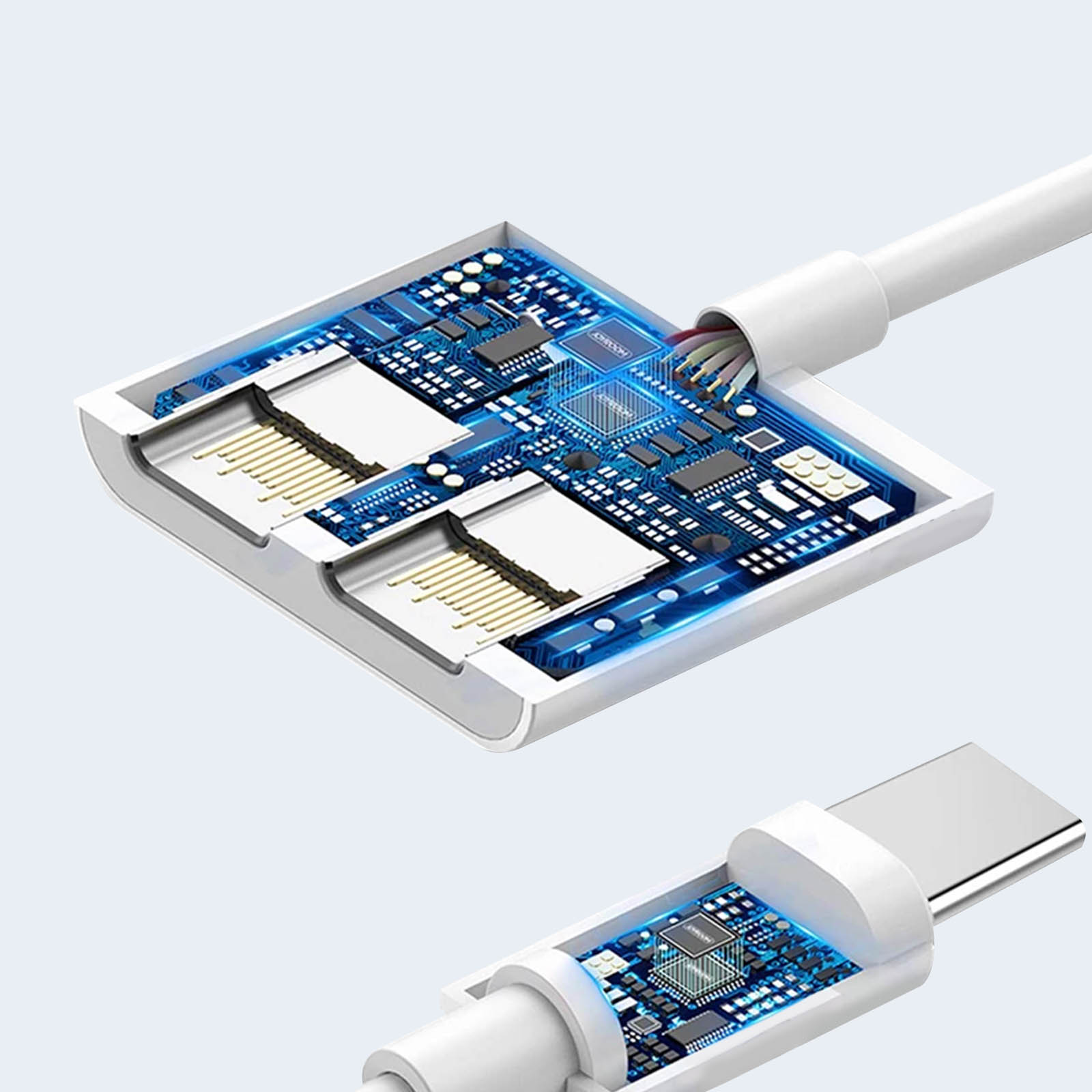 Una sezione trasversale di un cavo USB-C è mostrata con componenti interni. L'estremità di un cavo è mostrata sotto.