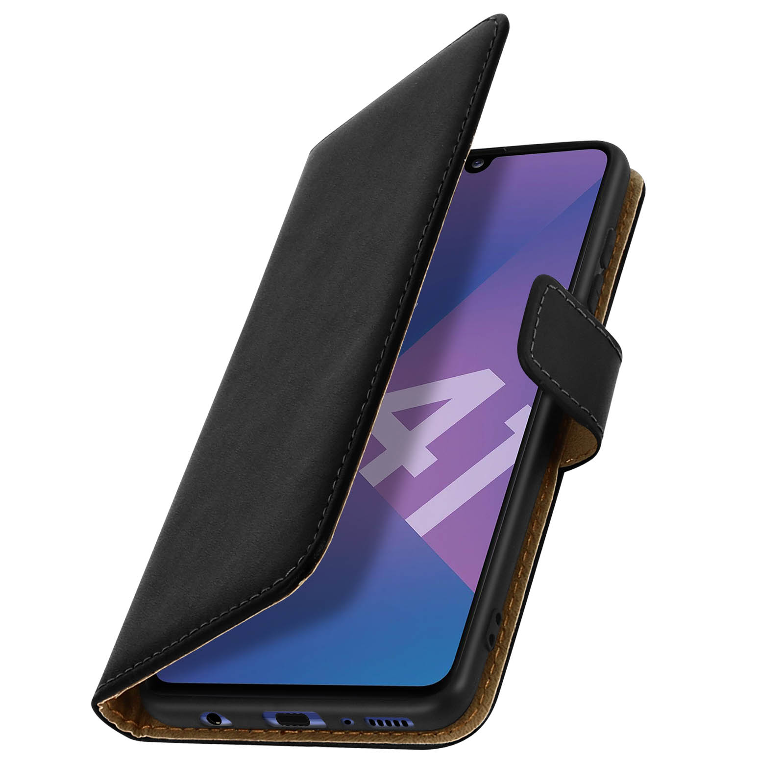 Custodia per telefono nera aperta, che rivela un telefono. La custodia è simile alla pelle, con chiusura magnetica.