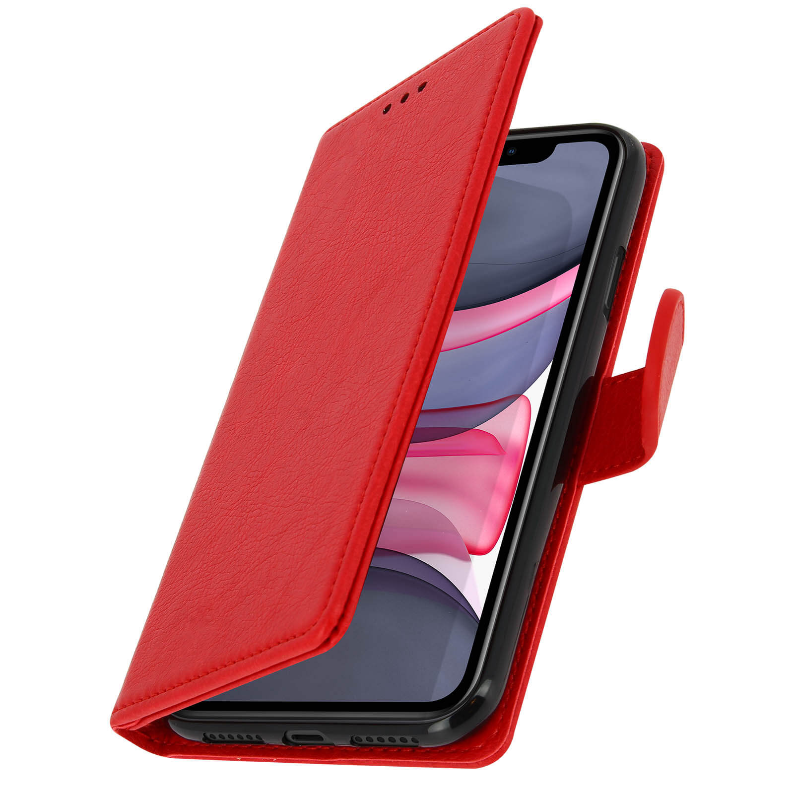 Rode portemonneehoes, open. Telefoon met zwart scherm zichtbaar. Rode achtergrond.