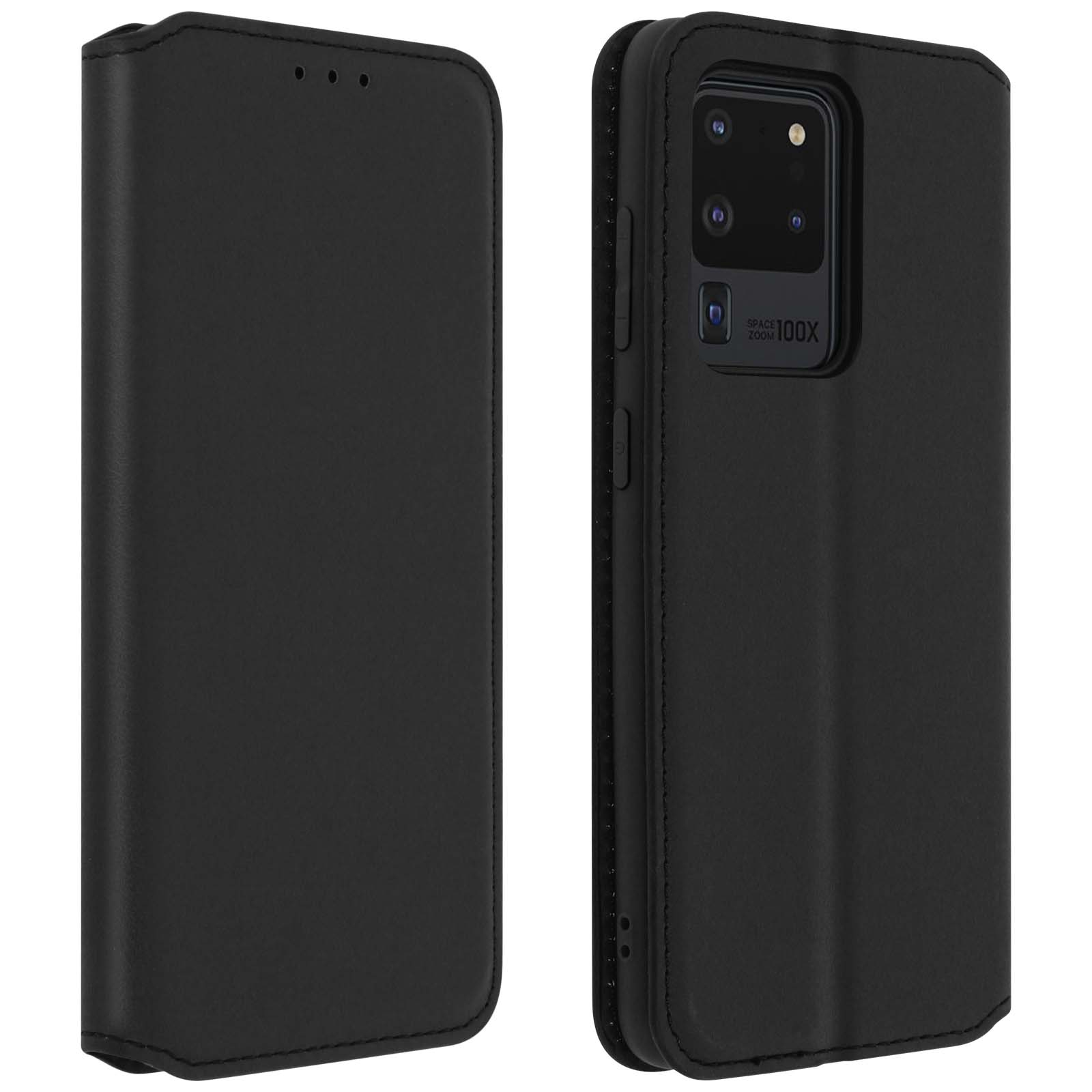 Un étui de téléphone en cuir noir, ouvert pour montrer un téléphone. Le téléphone a plusieurs caméras, l'étui est texturé.