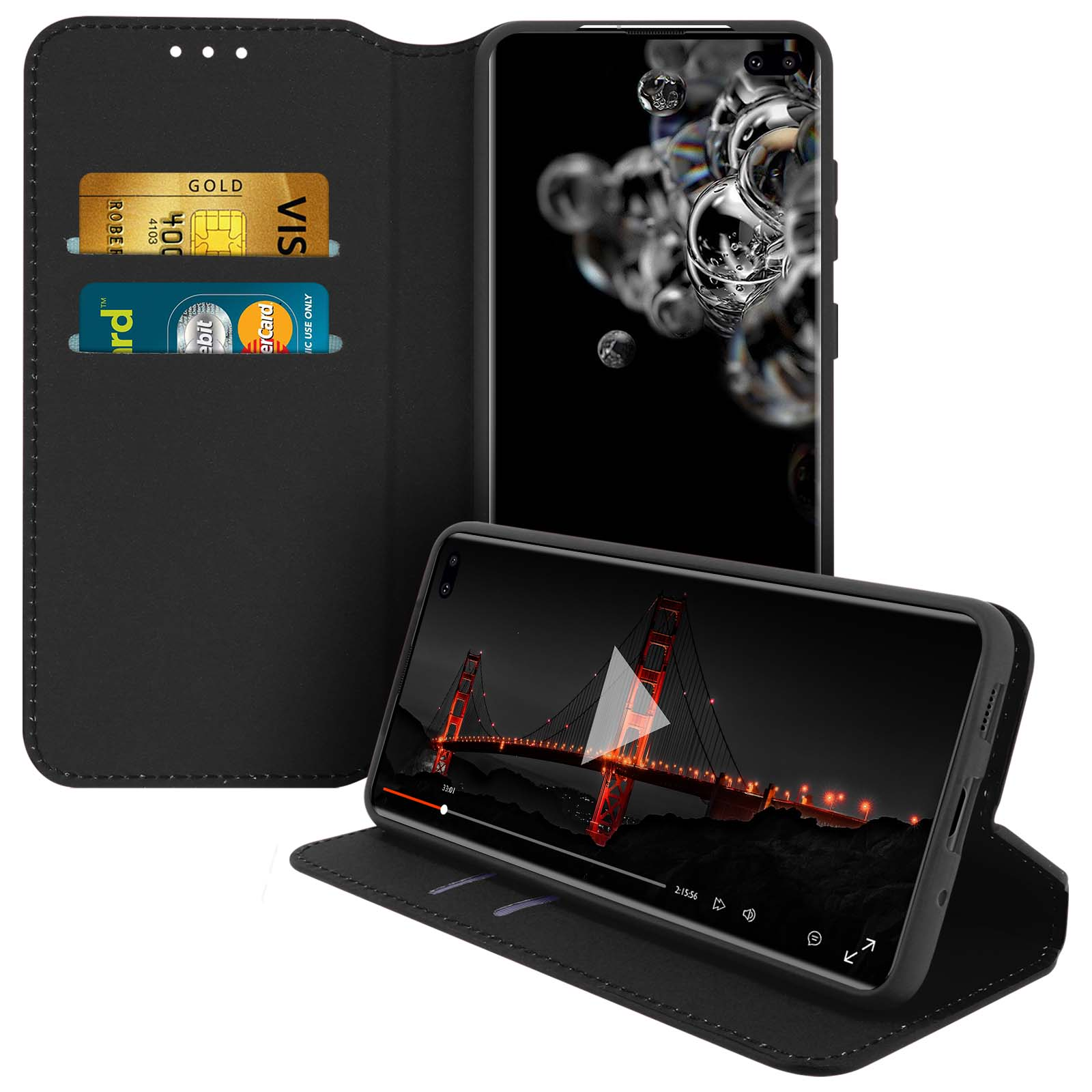 Étui de téléphone noir avec cartes, téléphone affichant la vidéo d'un pont.