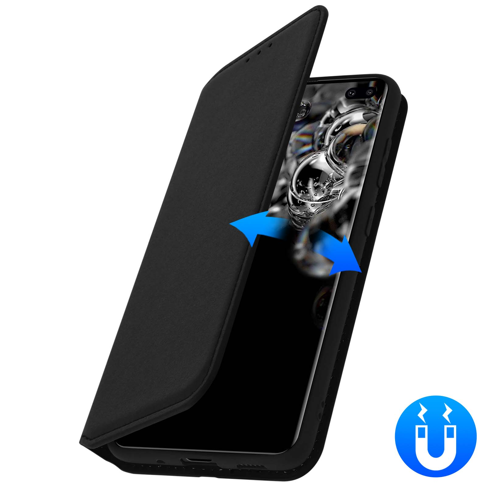 Étui de téléphone noir ouvert, avec des flèches bleues et un symbole magnétique sur le côté.