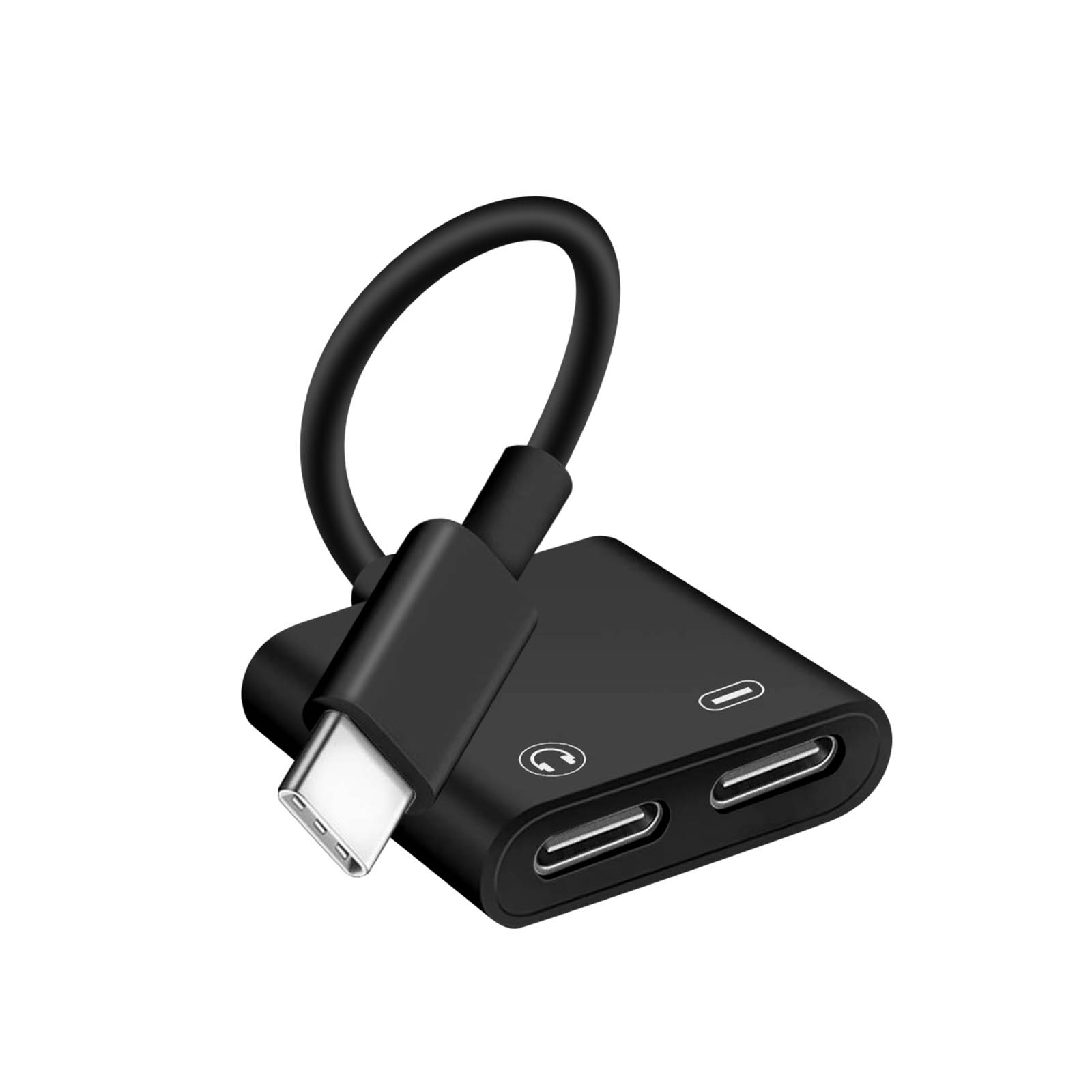 Adattatore USB-C nero con cavo e due porte. Sfondo bianco.