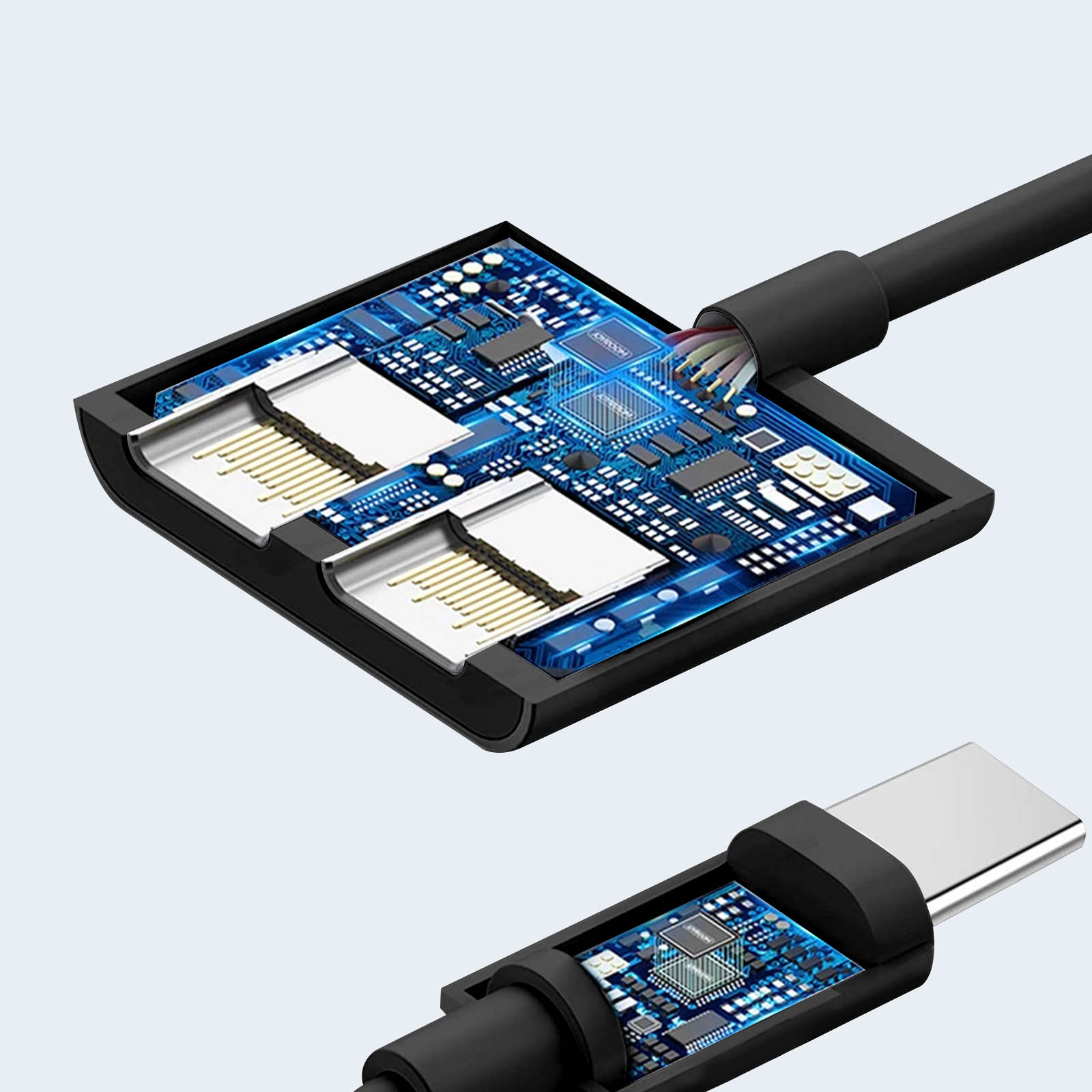 Una vista di sezione di un cavo USB-C. Rivela il cablaggio interno e i connettori, mostrando la tecnologia.