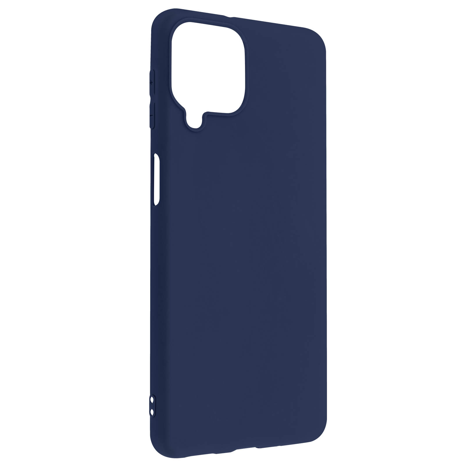 Viene mostrata una custodia per telefono blu navy, progettata per un telefono. La custodia ha una superficie liscia.
