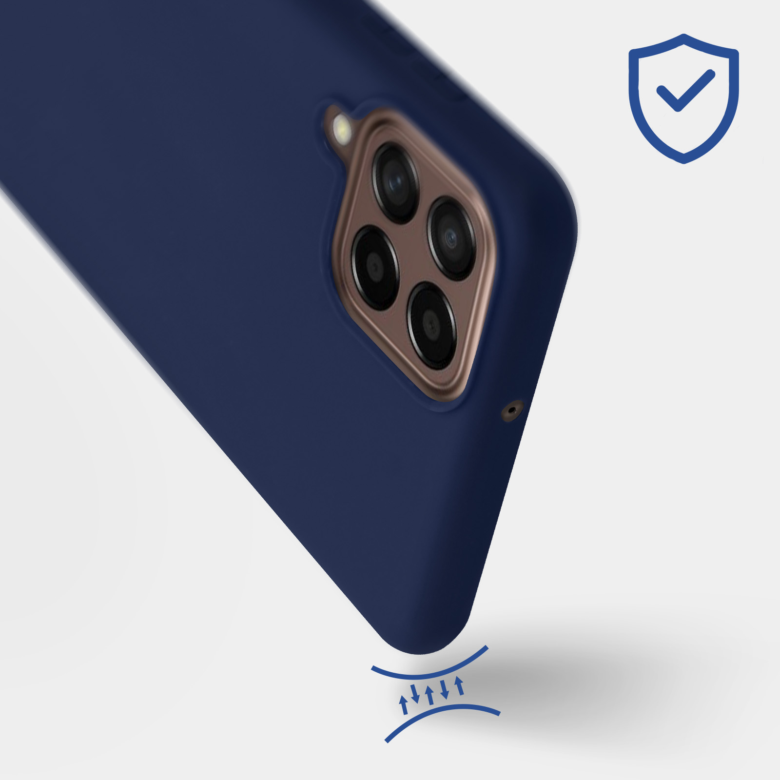 Un telefono blu scuro con funzioni di protezione. Grafica impatto e icona scudo mostrate.