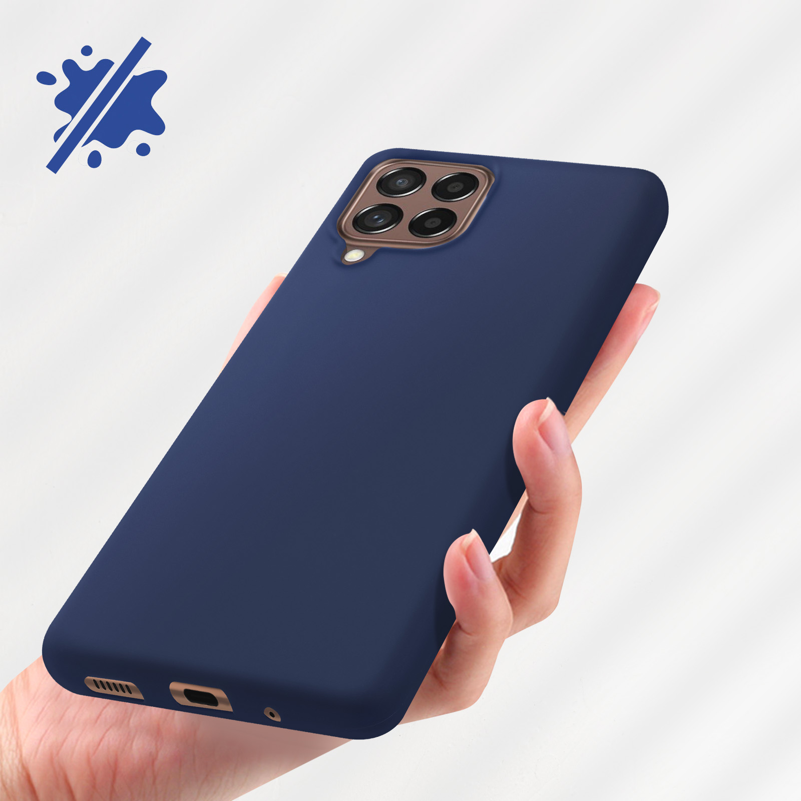 Una custodia per telefono blu scuro in mano a una persona. C'è un'icona di schizzo in alto a sinistra.