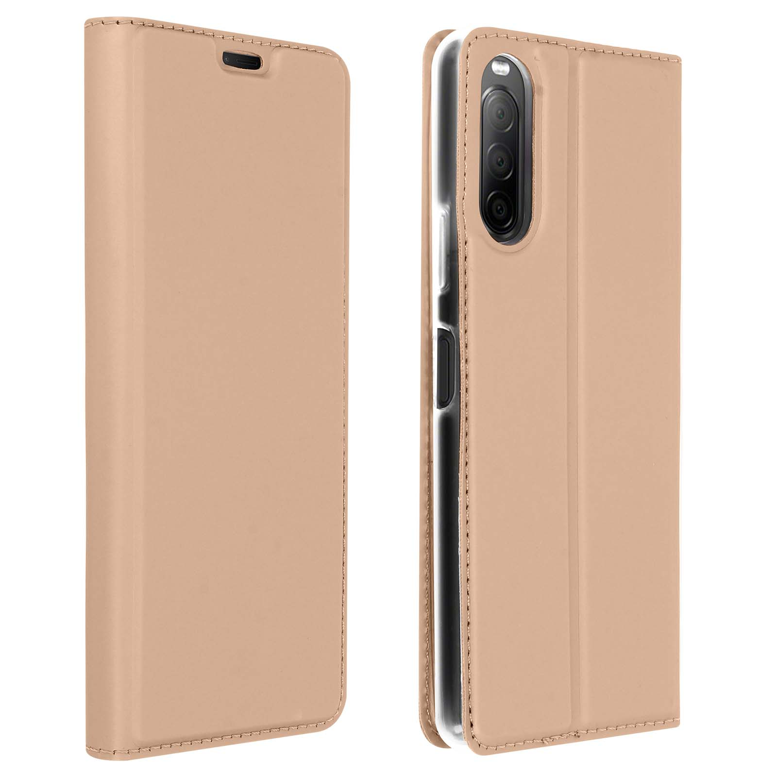 Una custodia per telefono beige chiusa. È una custodia in stile folio con una patta.