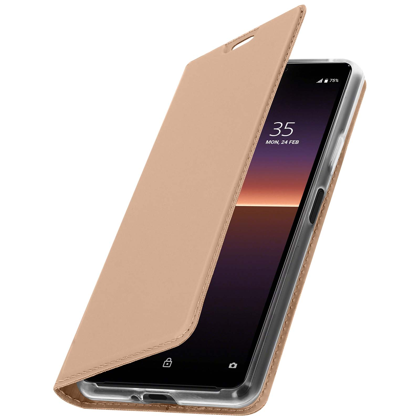 Un telefono in una custodia beige, la custodia è aperta. Lo schermo del telefono mostra l'ora e la data.