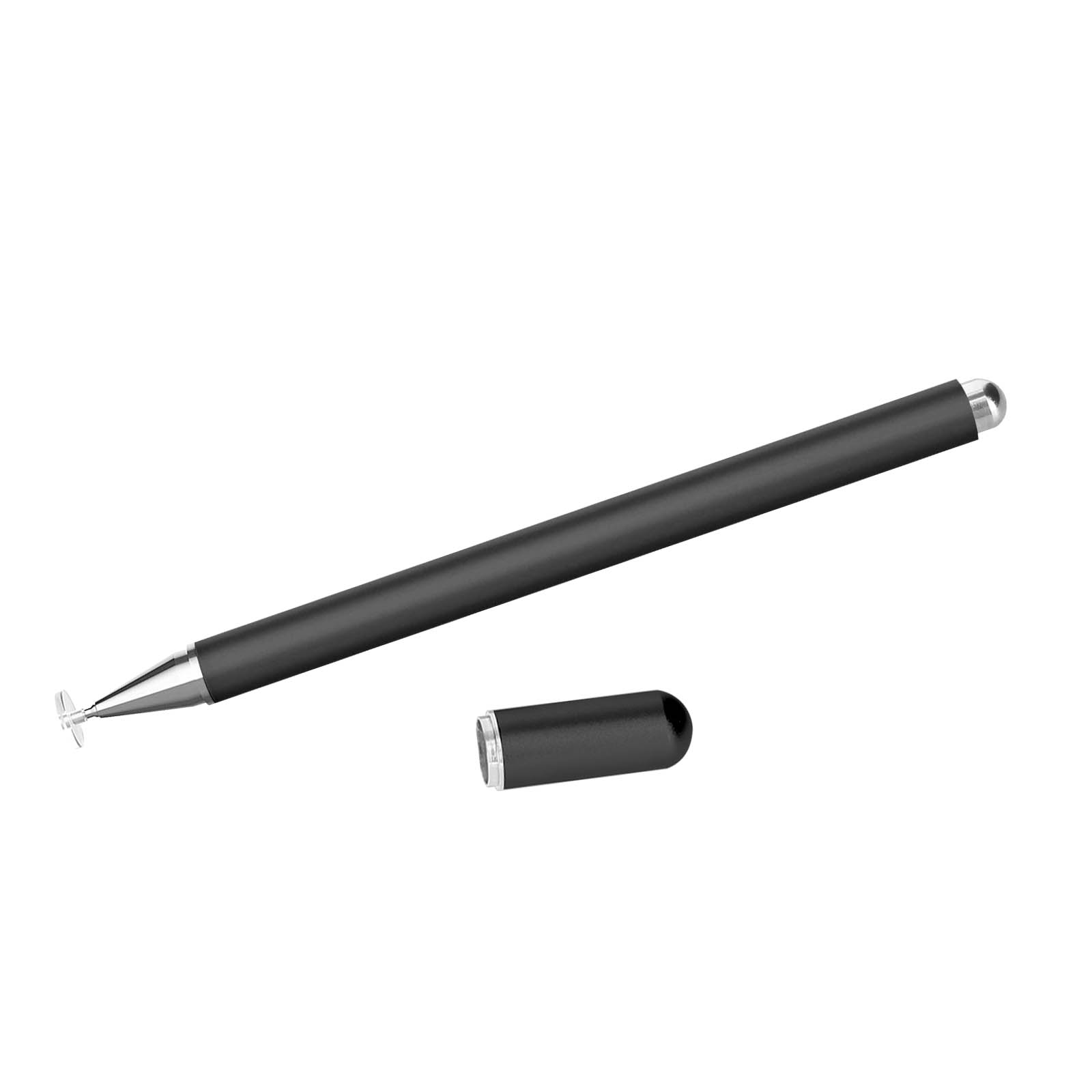 Una penna stilo nera con il suo cappuccio staccato. Lo stilo è su sfondo bianco.