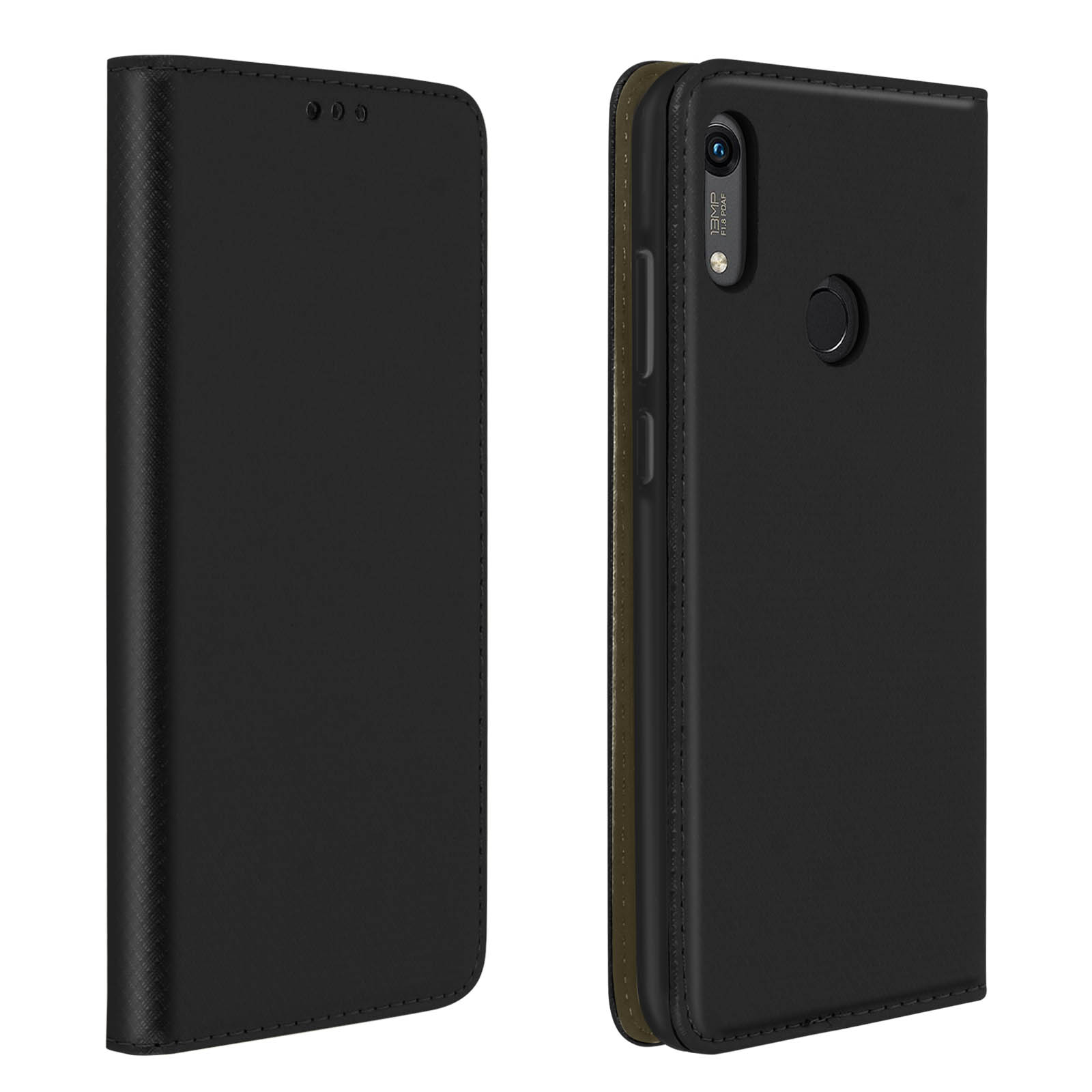 Coque de téléphone noire avec un téléphone à l'intérieur, vue avant et arrière.