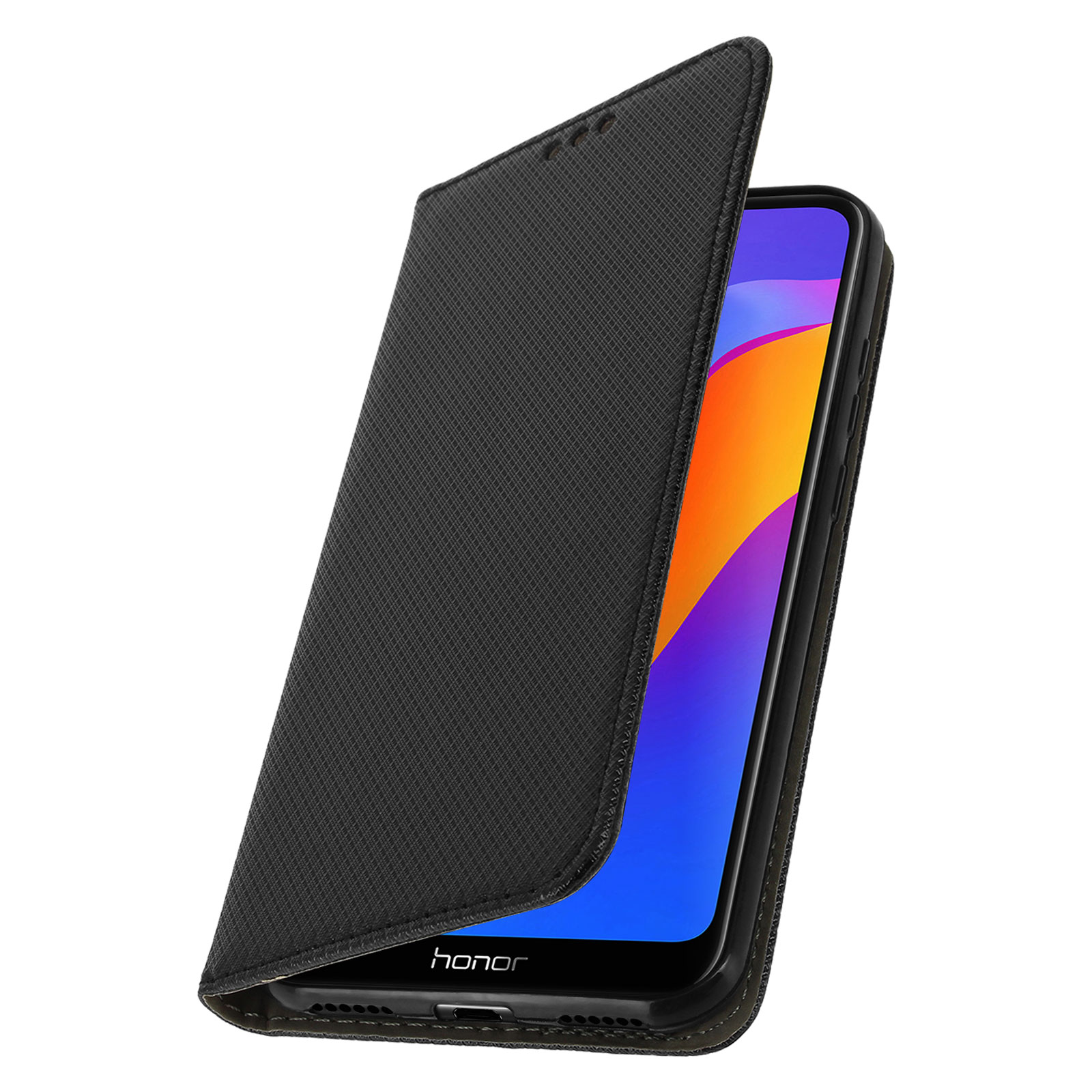 Un étui de téléphone noir avec un téléphone à l'intérieur. L'étui est ouvert, montrant l'écran du téléphone.