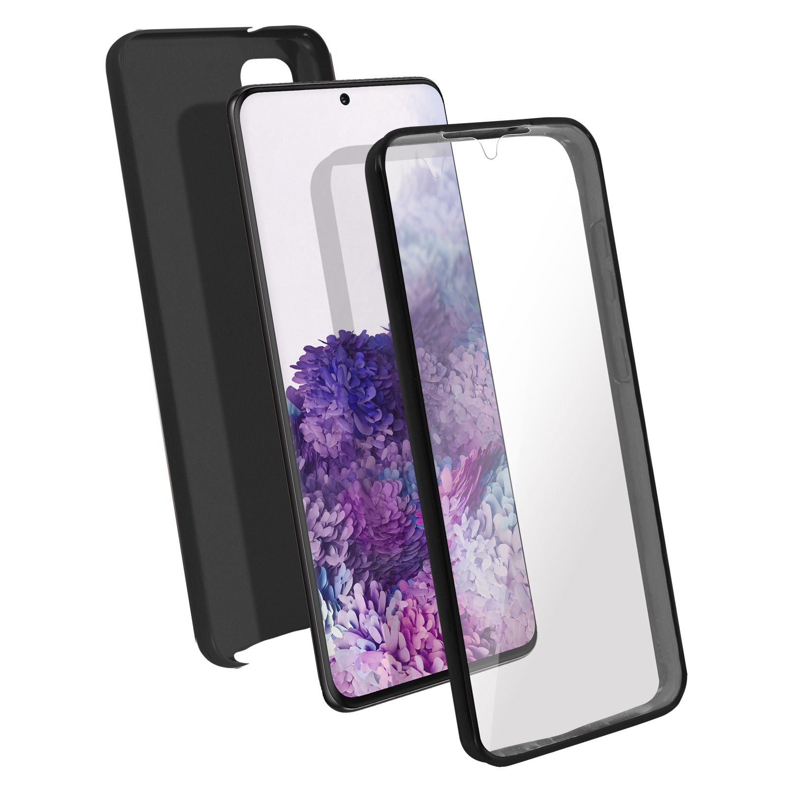 Téléphone, protecteur d'écran et coque superposés. Montre une image florale pourpre.