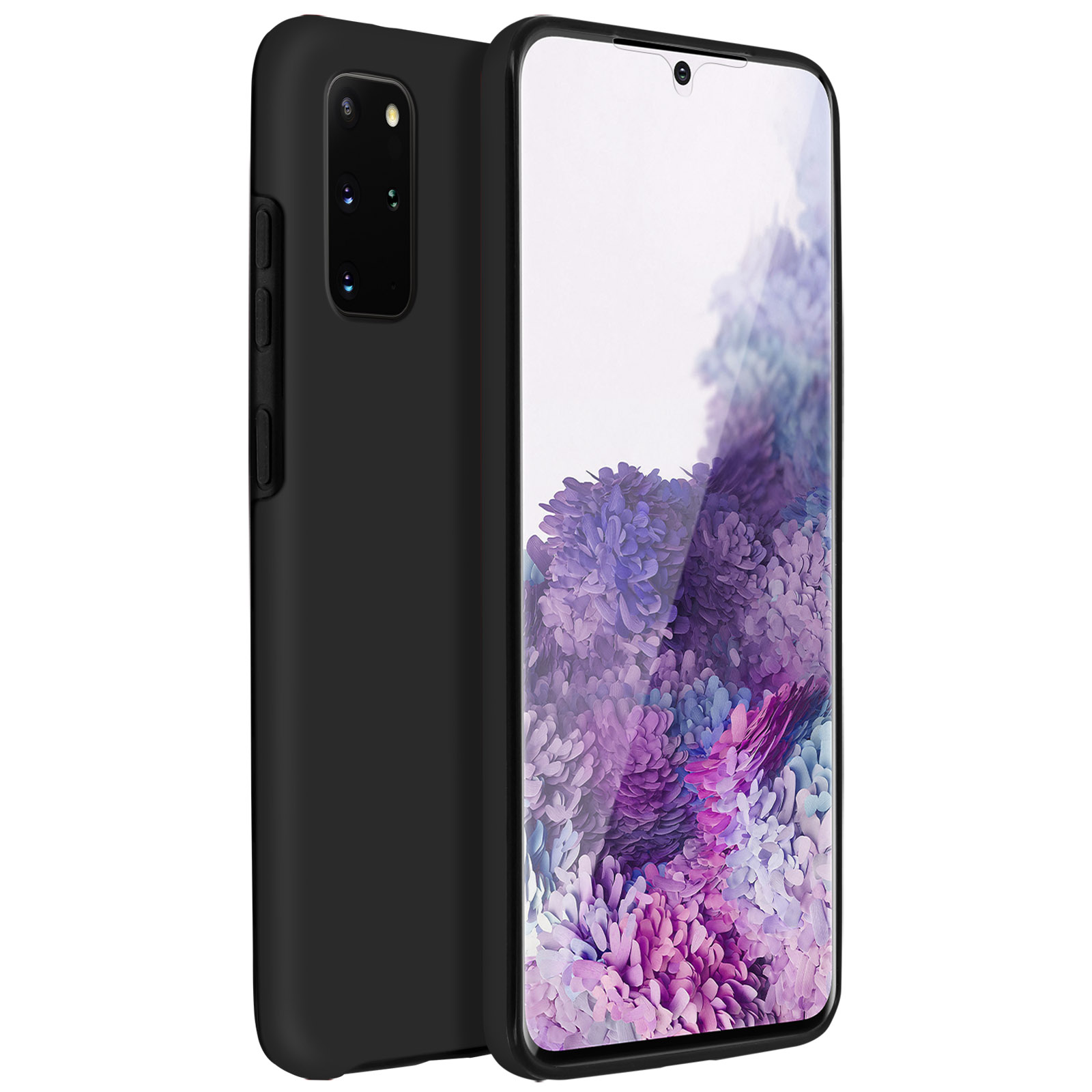 Téléphone noir avec quatre caméras. Une vue latérale, un écran allumé.