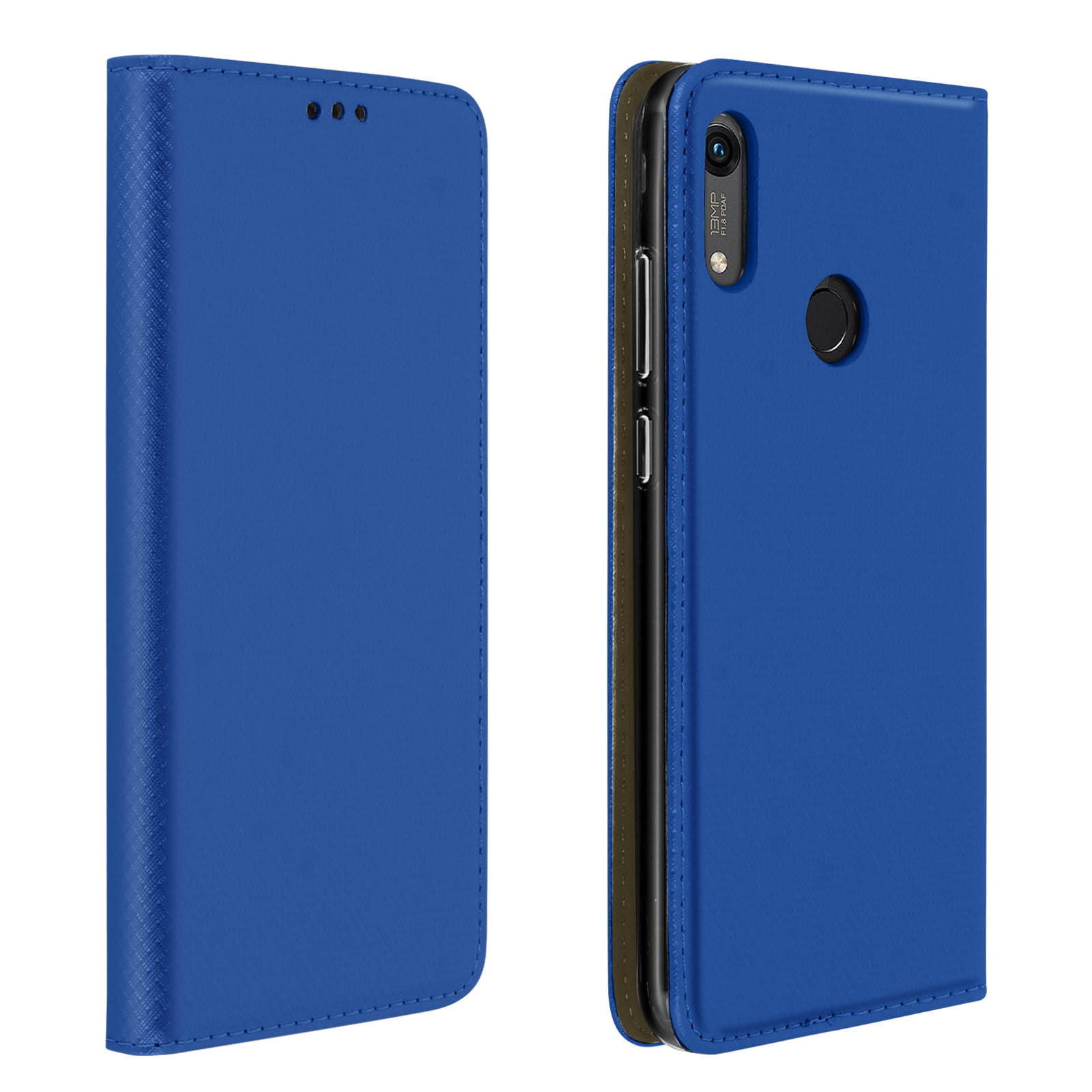 Coque de téléphone bleue, ouverte et fermée. Côté fermé avec texture à motifs.