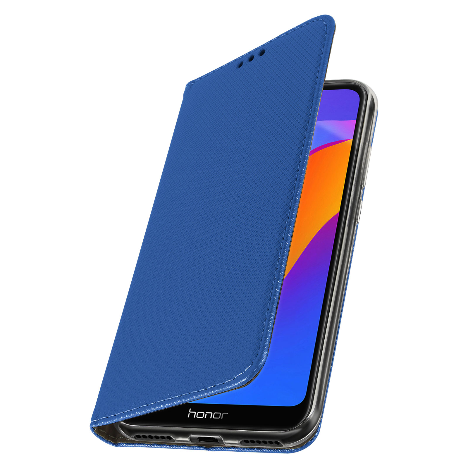 Une coque de téléphone bleue est ouverte, affichant un écran de téléphone. Le téléphone est dans une coque transparente.