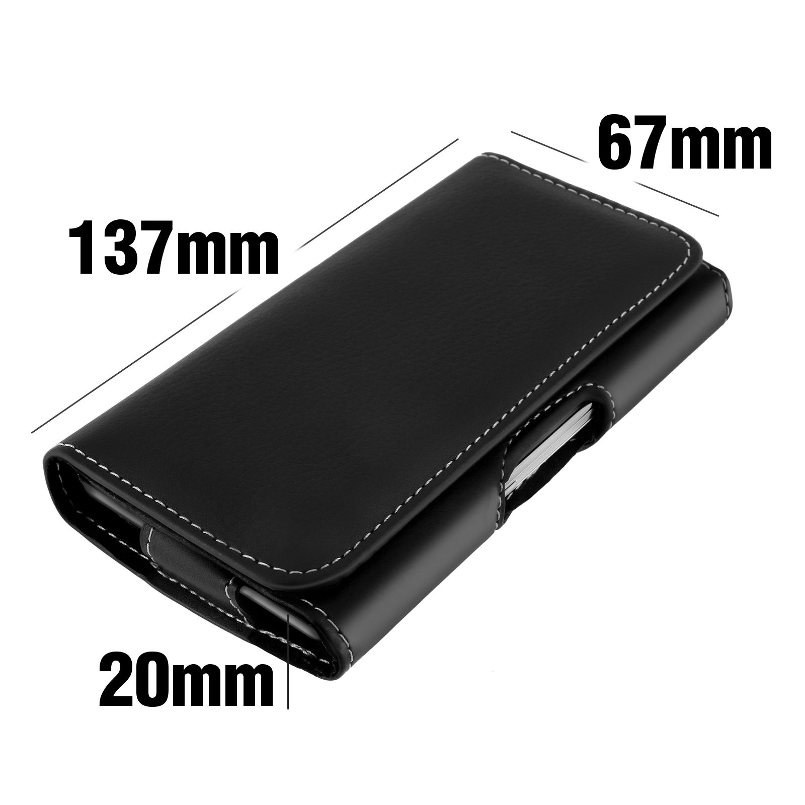 Custodia per telefono nera con dimensioni: 137x67x20mm.