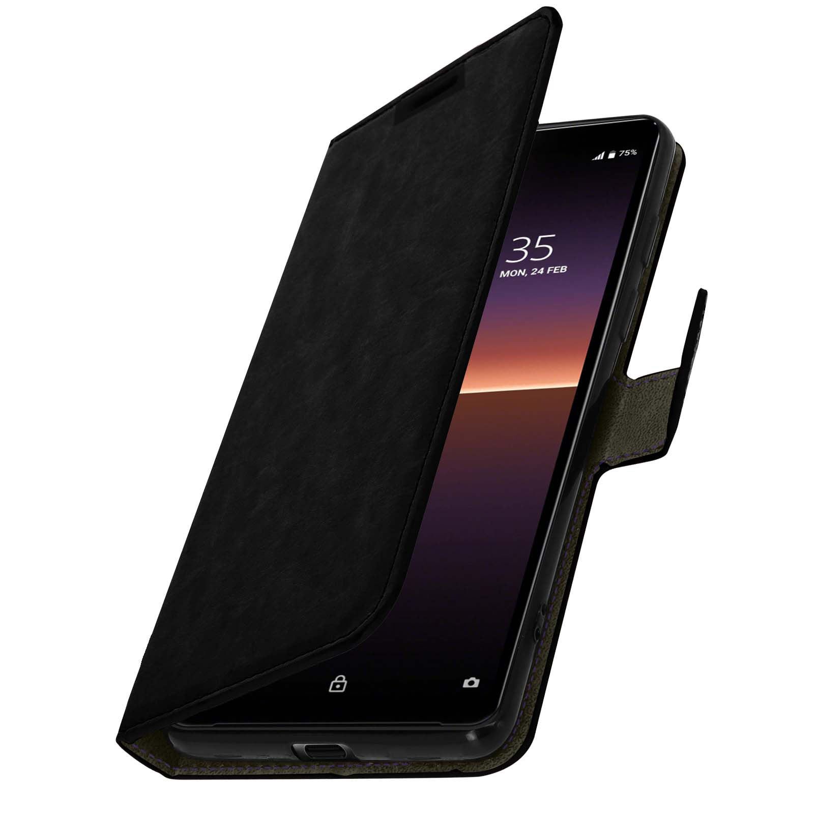 Telefono nero in una custodia nera, aperto. Mostra il display.