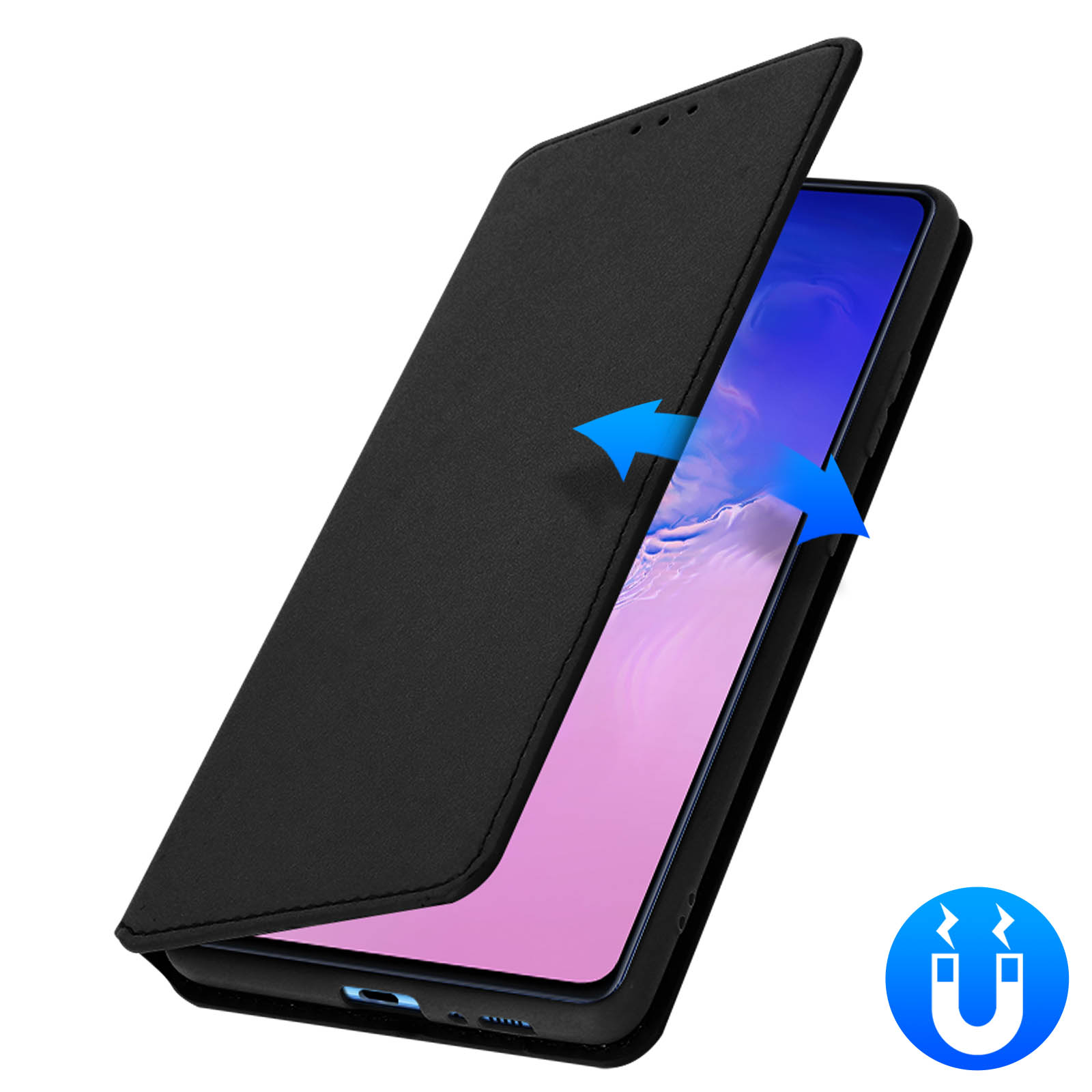 Viene mostrata una custodia per telefono nera aperta, che rivela un telefono. Una freccia indica la chiusura magnetica.