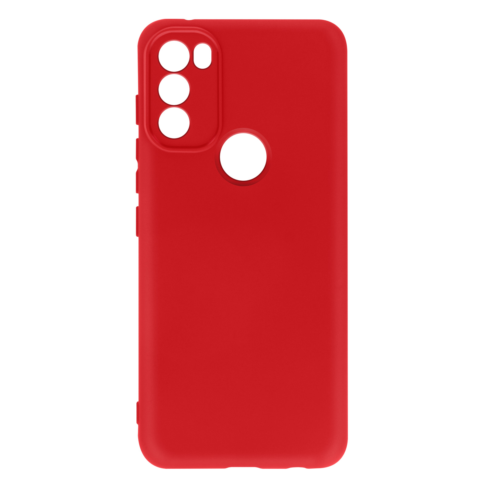 Custodia rossa per telefono con ritagli per fotocamera e design semplice, su una superficie bianca.