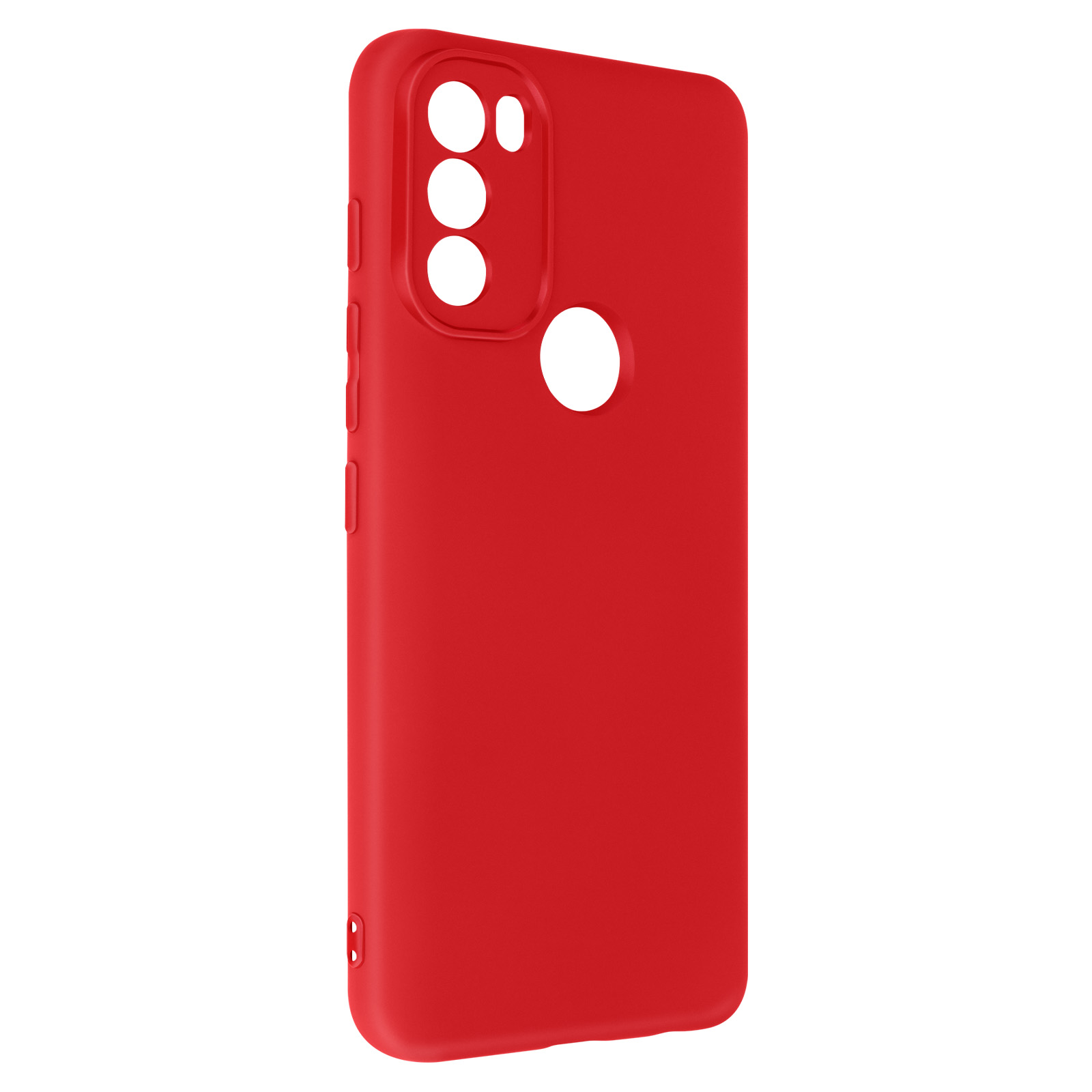 Custodia per telefono rossa con ritagli per fotocamera. È isolata su sfondo bianco.