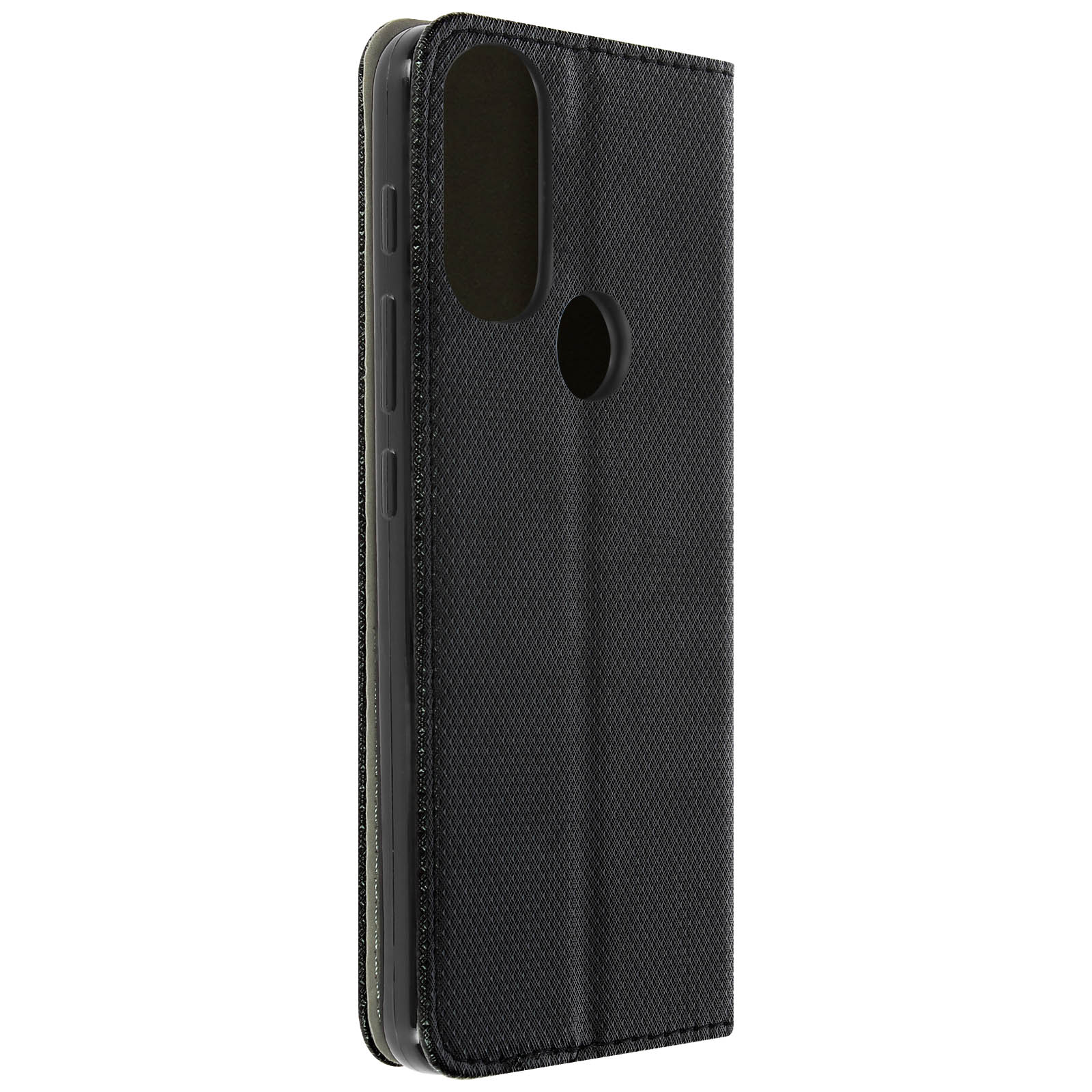 Una custodia per telefono nera è mostrata di lato, con una finitura strutturata, su sfondo bianco.
