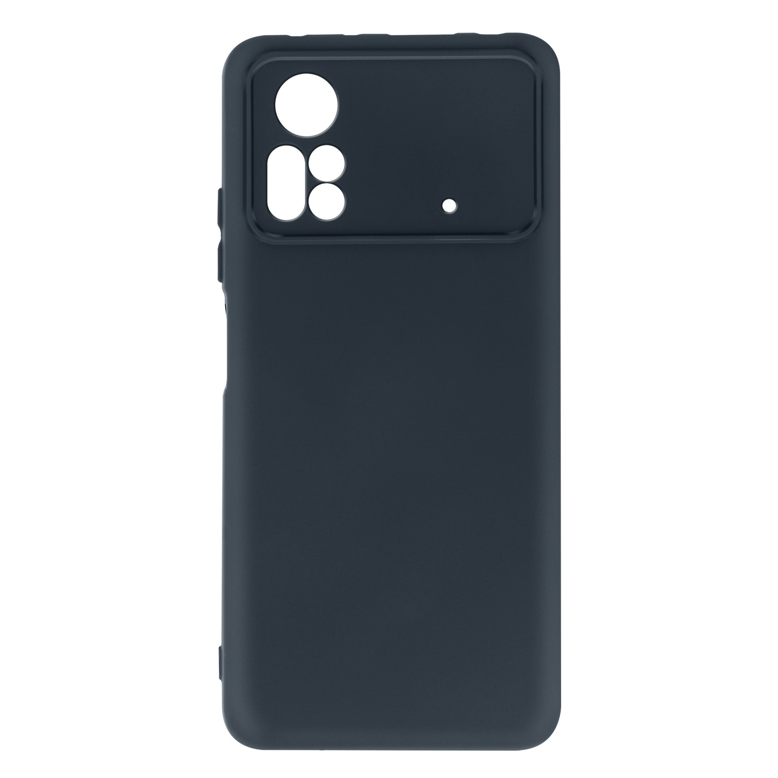 Parte posteriore della custodia del telefono blu scuro con aperture per fotocamera.