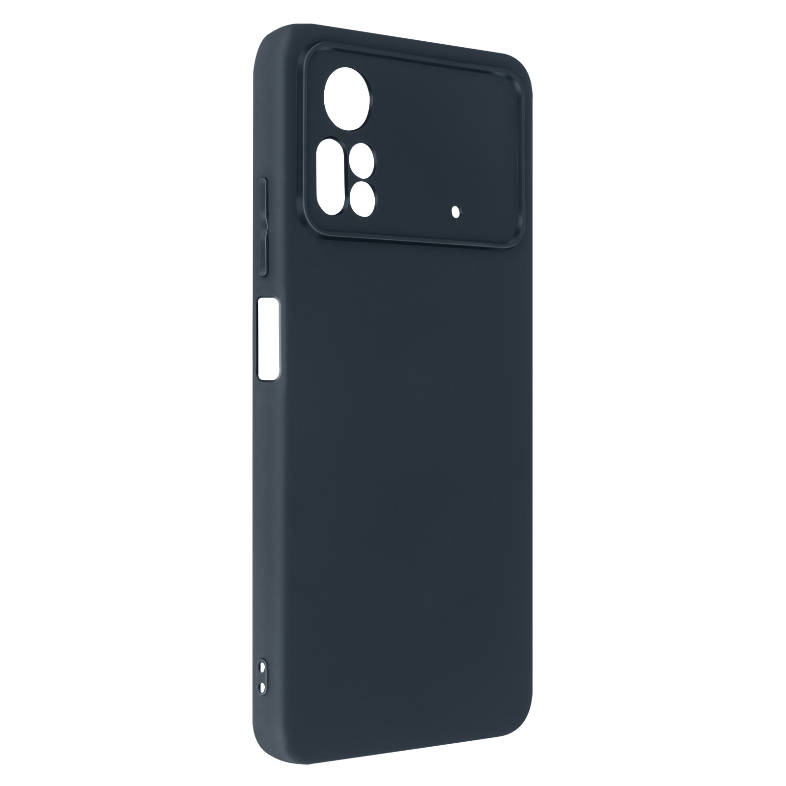 Una custodia per telefono blu scuro con ritagli per la fotocamera e i pulsanti. La custodia è mostrata senza telefono all'interno.