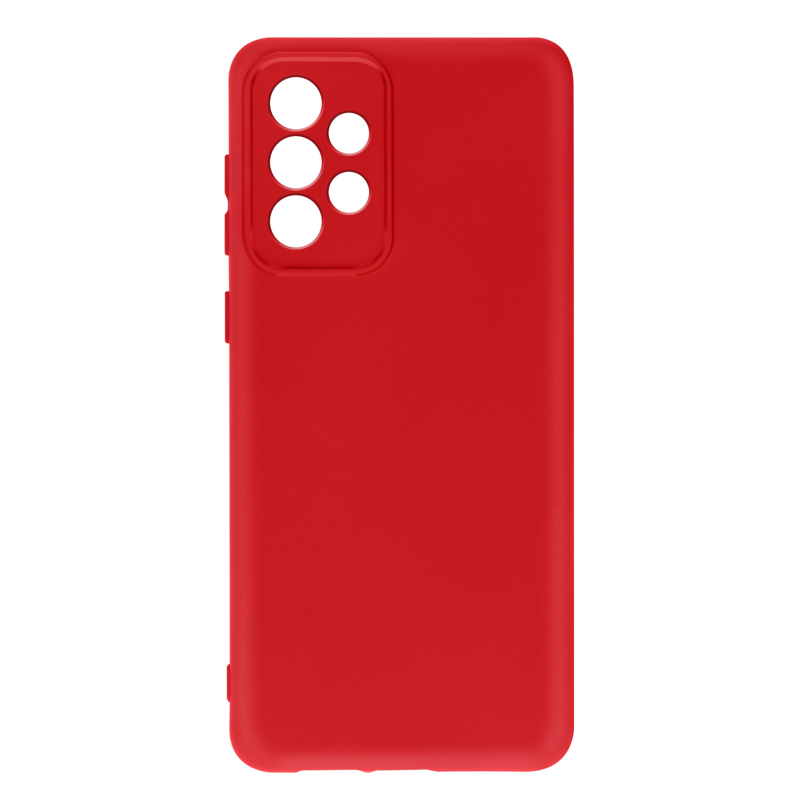 Custodia per telefono rossa. La custodia è rosso pieno con fori per la fotocamera. La custodia è in plastica rossa.