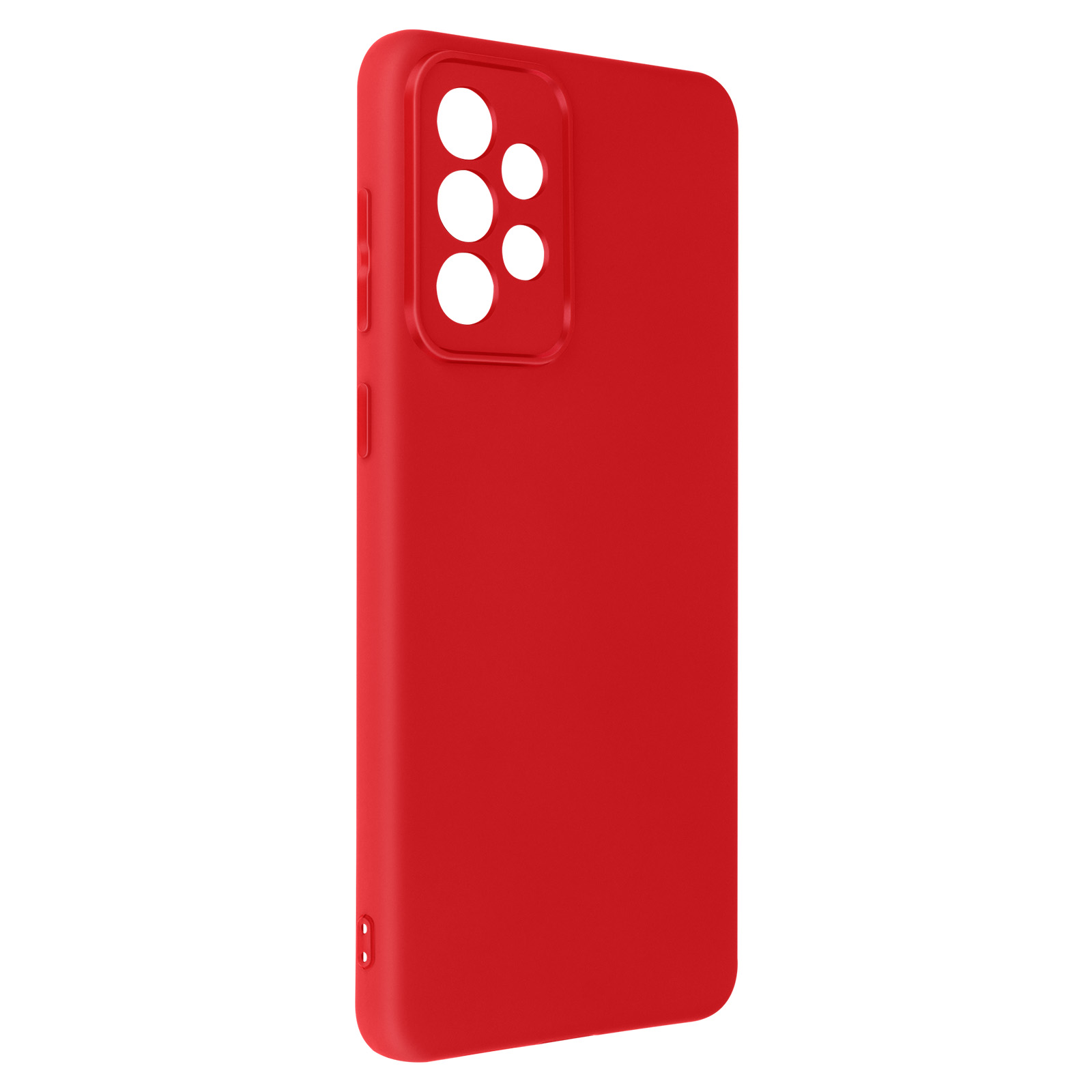 Una custodia rossa per telefono con un ritaglio per la fotocamera, vista da dietro.