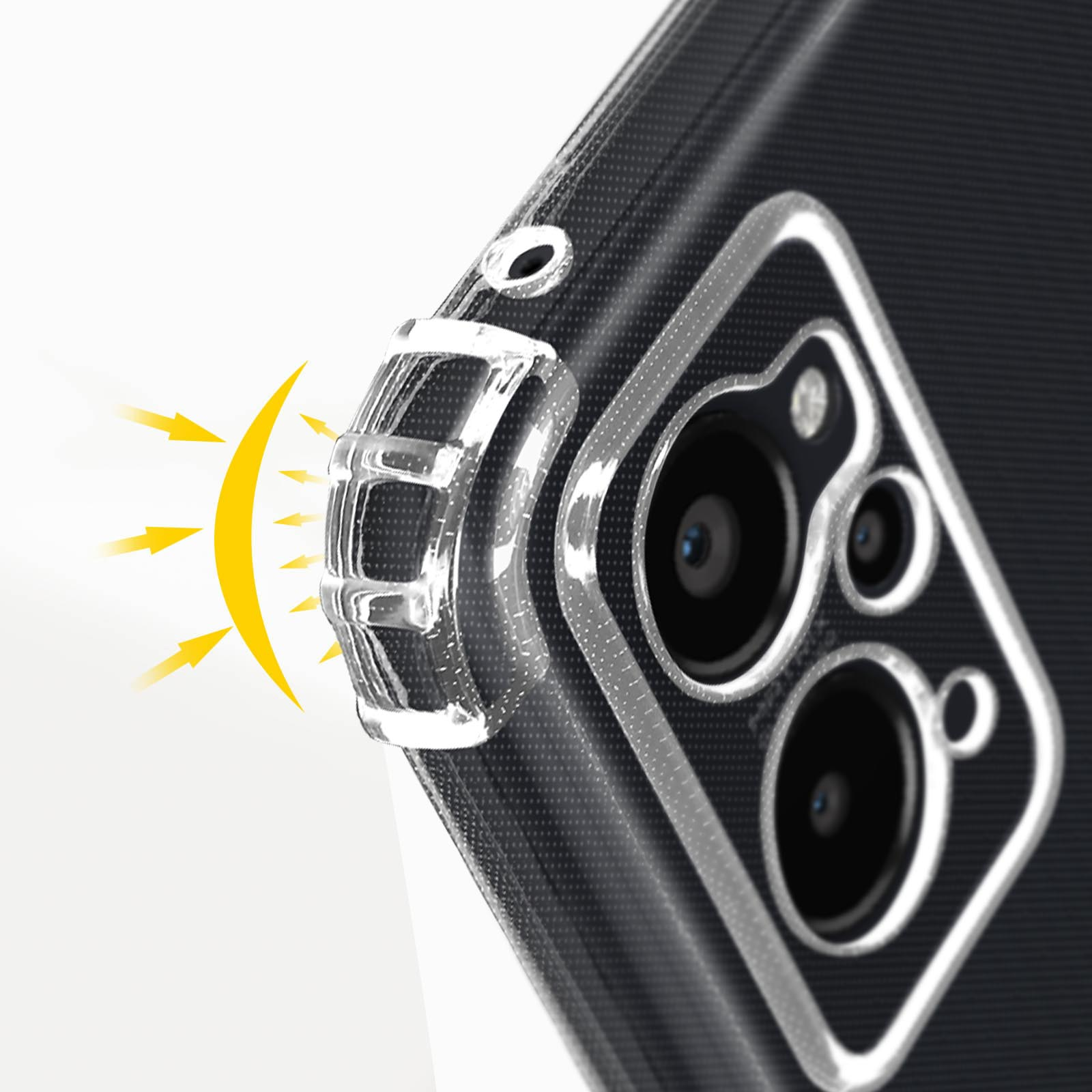 Primo piano di una custodia per telefono con fotocamera. La custodia ha un anello protettivo ed effetti di luce.