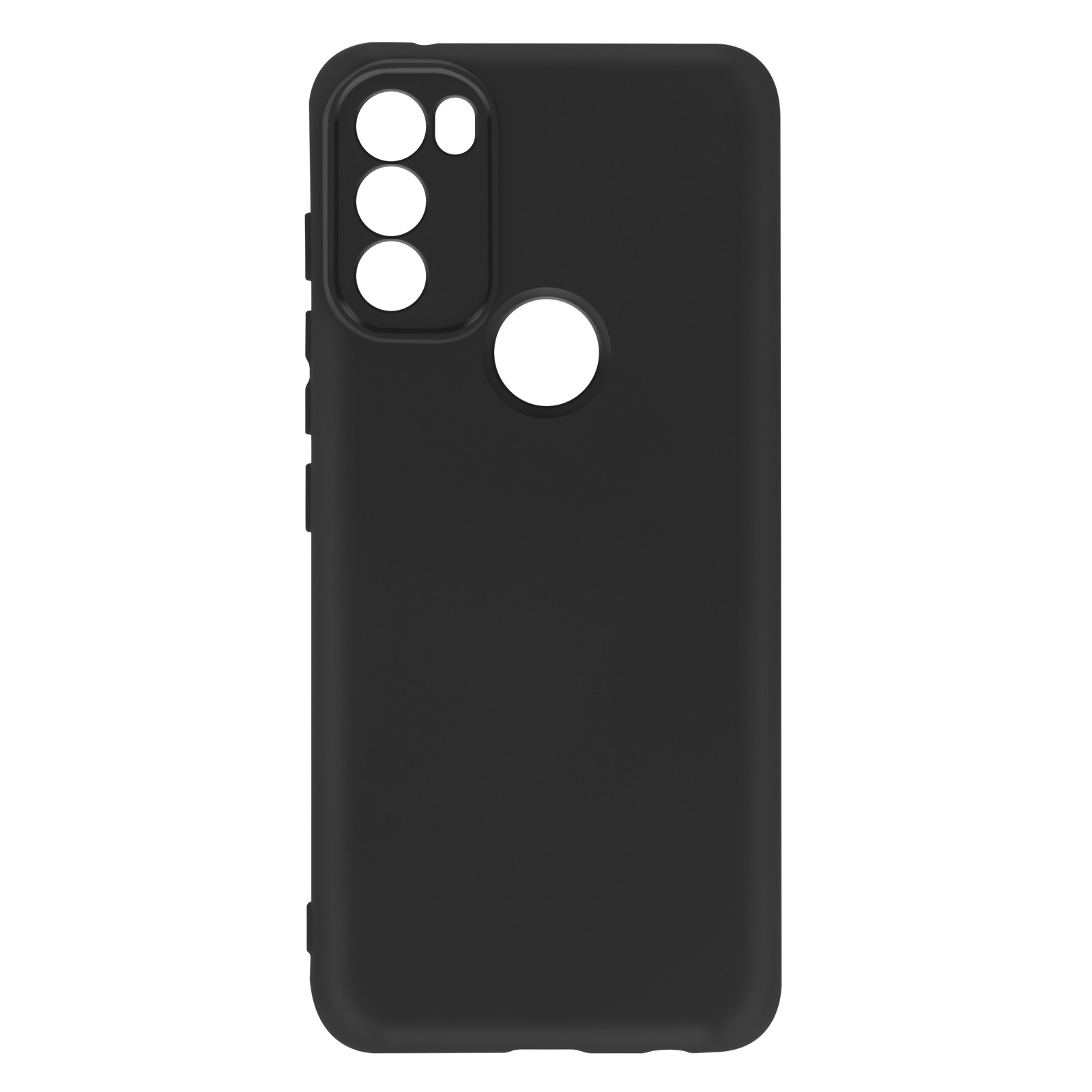 Custodia per telefono nera, con ritagli per la fotocamera e pulsanti. La custodia è nera.