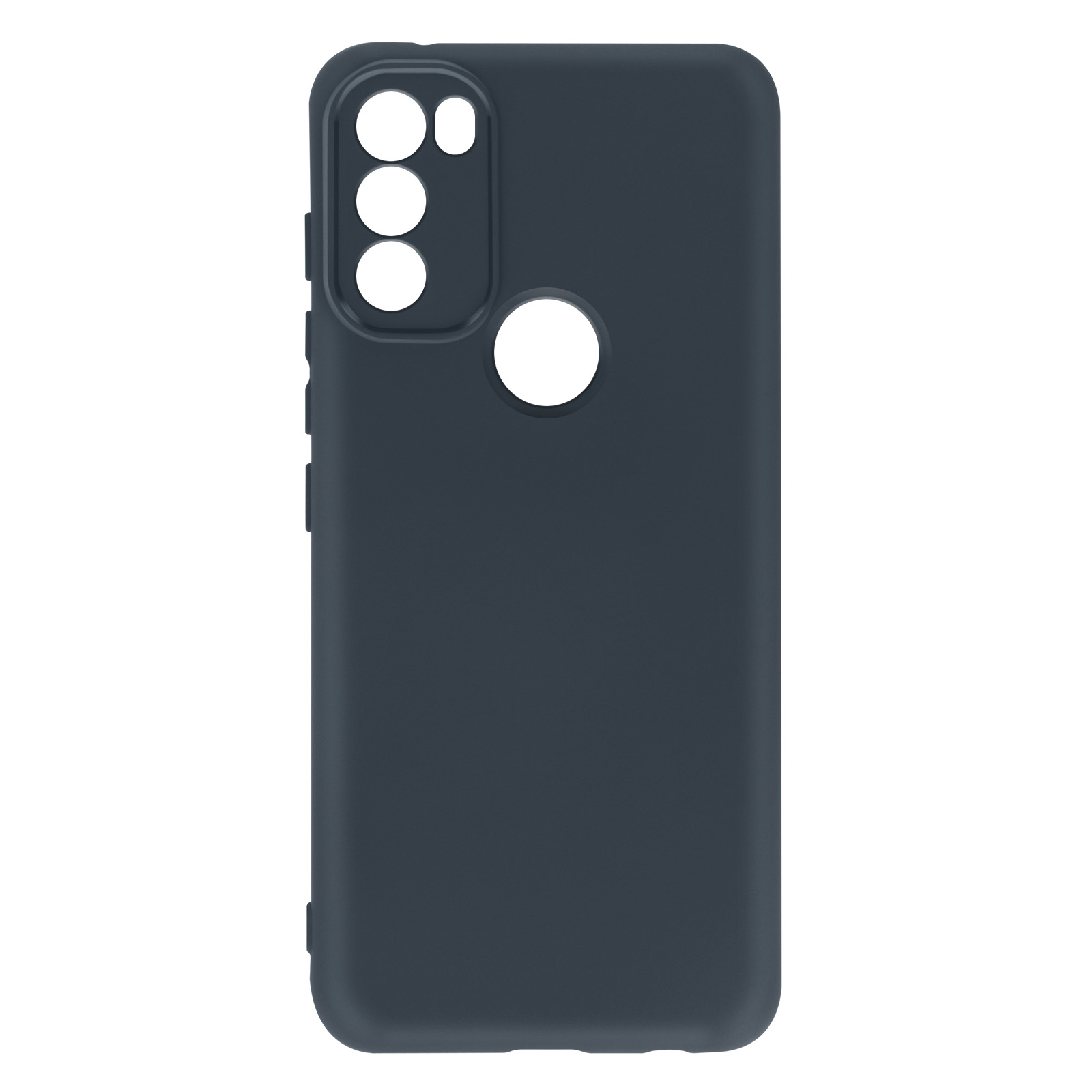 Custodia blu scuro con fori per fotocamera. Superficie liscia, finitura opaca, con fori per i pulsanti.