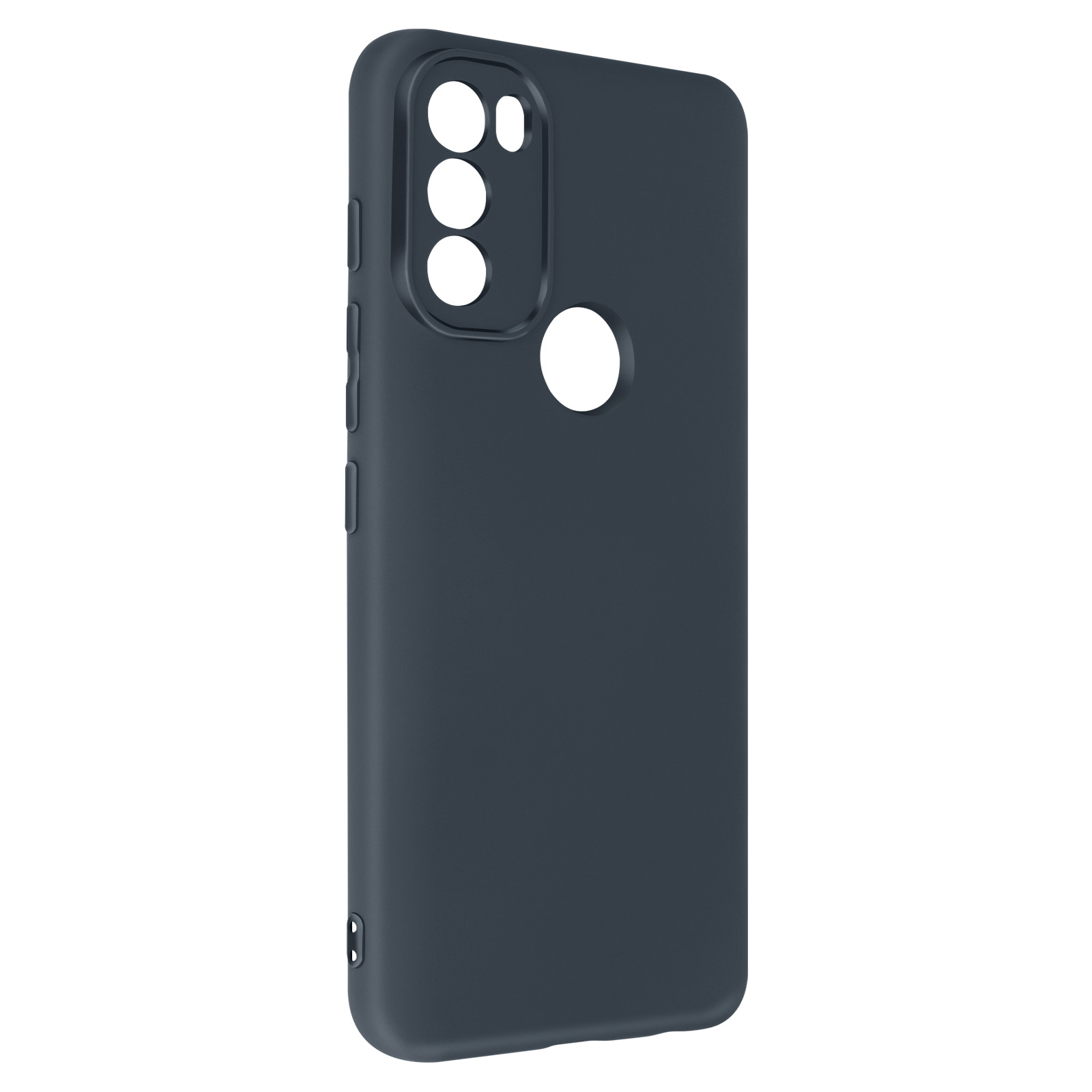 Custodia blu scuro per telefono con fori per la fotocamera. La custodia è mostrata di profilo. Lo sfondo è bianco.