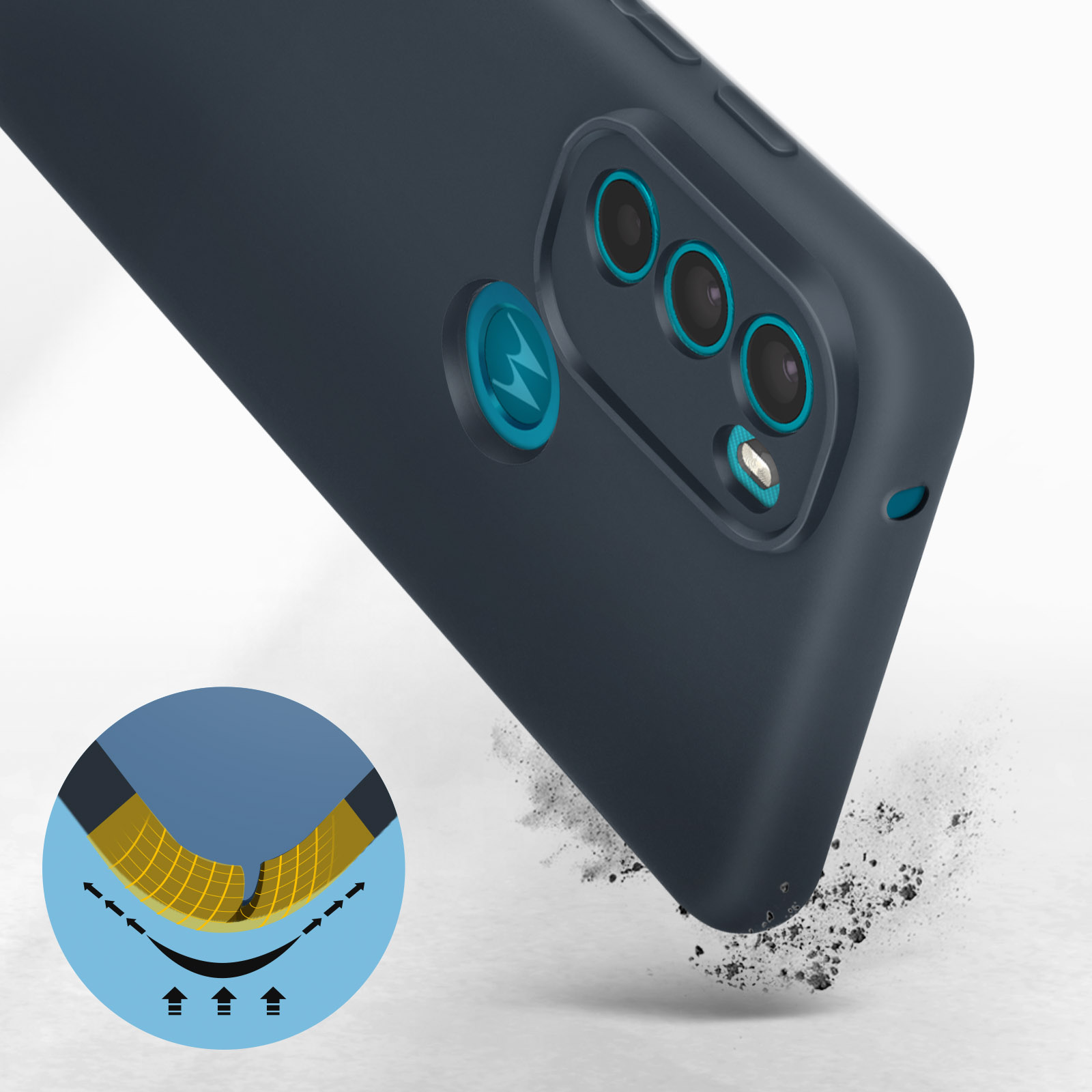 Custodia per telefono blu scuro con tripla fotocamera e design ad assorbimento d'urto.