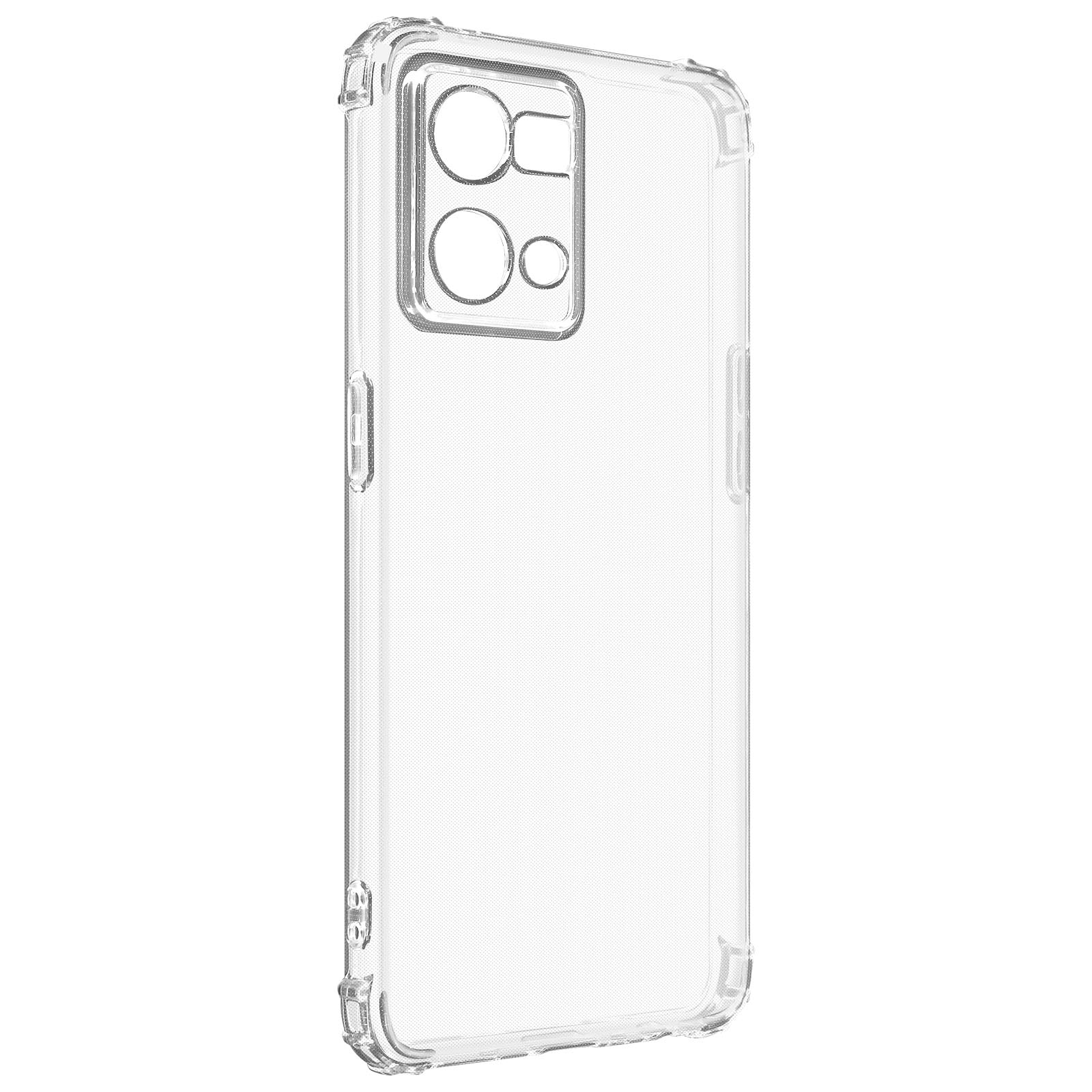 Custodia trasparente con fori per fotocamera e pulsanti, su sfondo bianco.
