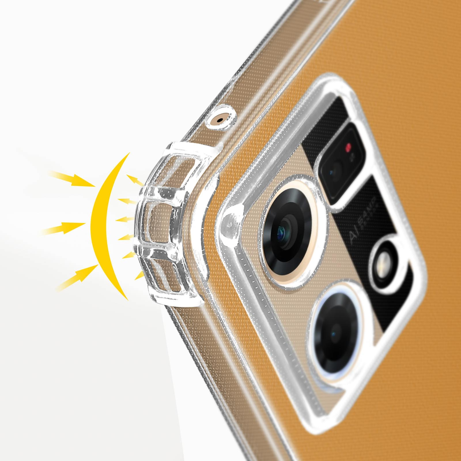 Primo piano di una custodia per telefono con lati trasparenti, retro dorato e dettagli della fotocamera.
