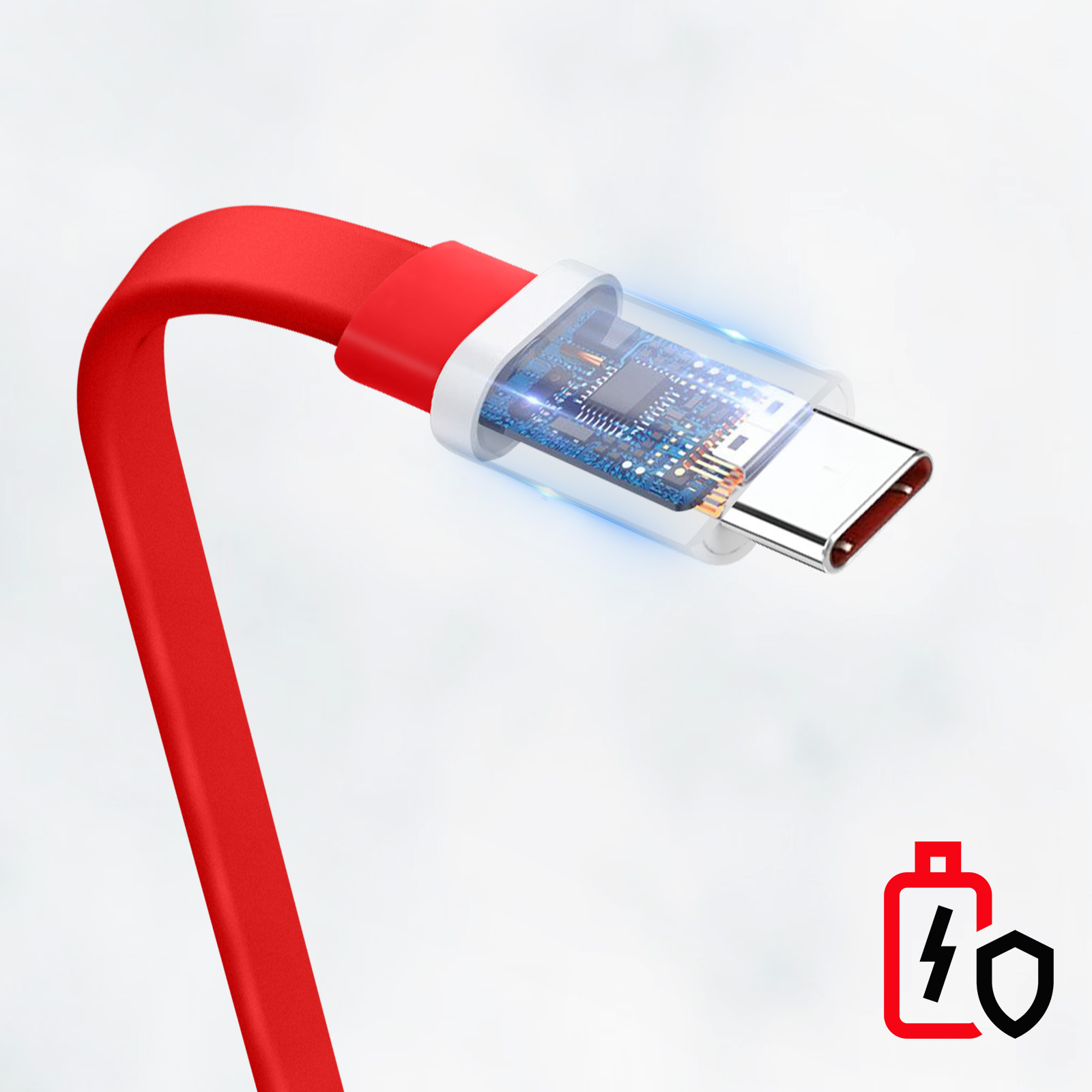 Czerwony kabel USB-C, przezroczyste złącze i ikona baterii.