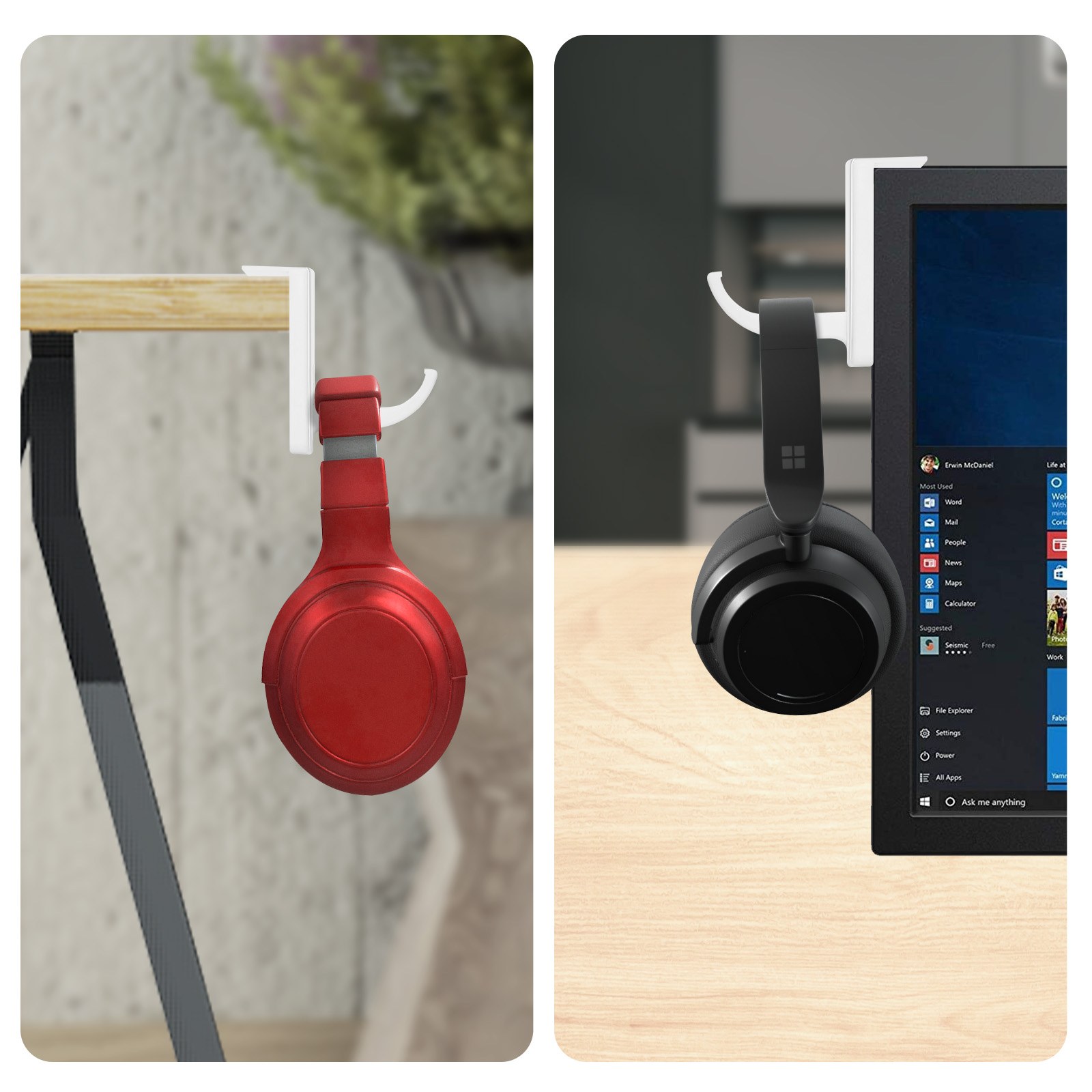Auriculares en un escritorio con ganchos de escritorio, rojo y negro. Pantalla de ordenador al fondo.